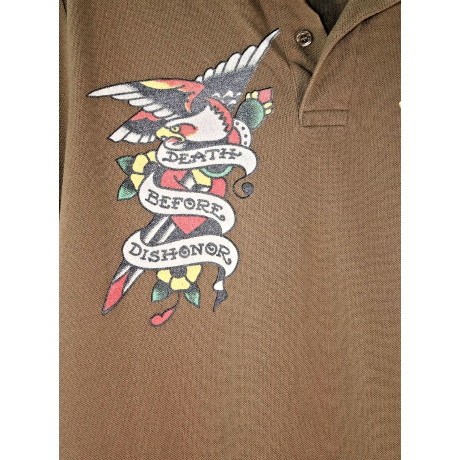 Ed Hardy VINTAGE Ed Hardy Sport Polo Mens L Brown Death Before Dishonor NWT Knit/Quilted/ Breathable Size L / US 10 / IT 46 - 3 Thumbnail