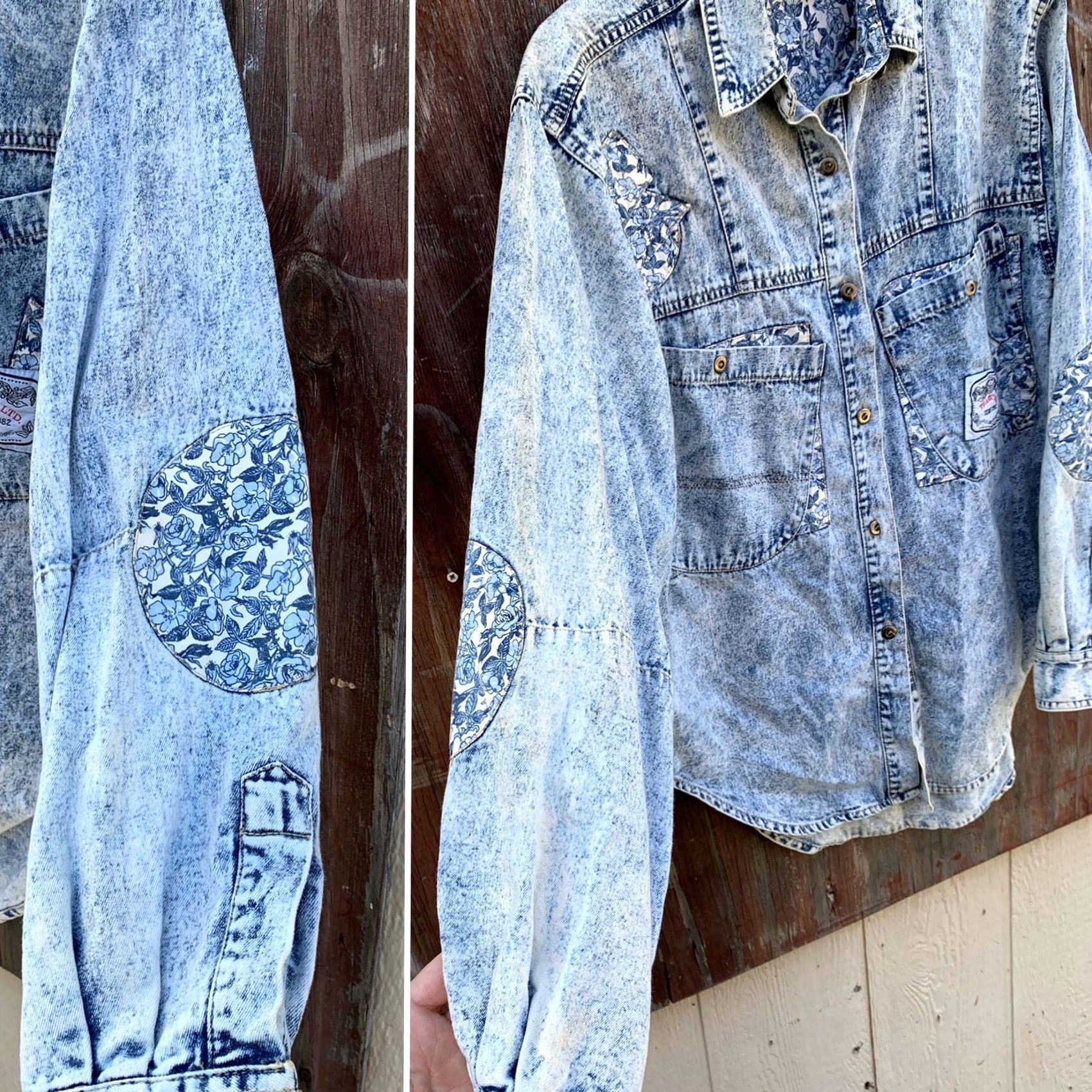 Denime VINTAGE Traffic Acid Wash Denim Shirt Patchwork Elbow Patches One Size 80s 90s Blue Denim Shirt Womens/ mens Size ONE SIZE - 7 Thumbnail