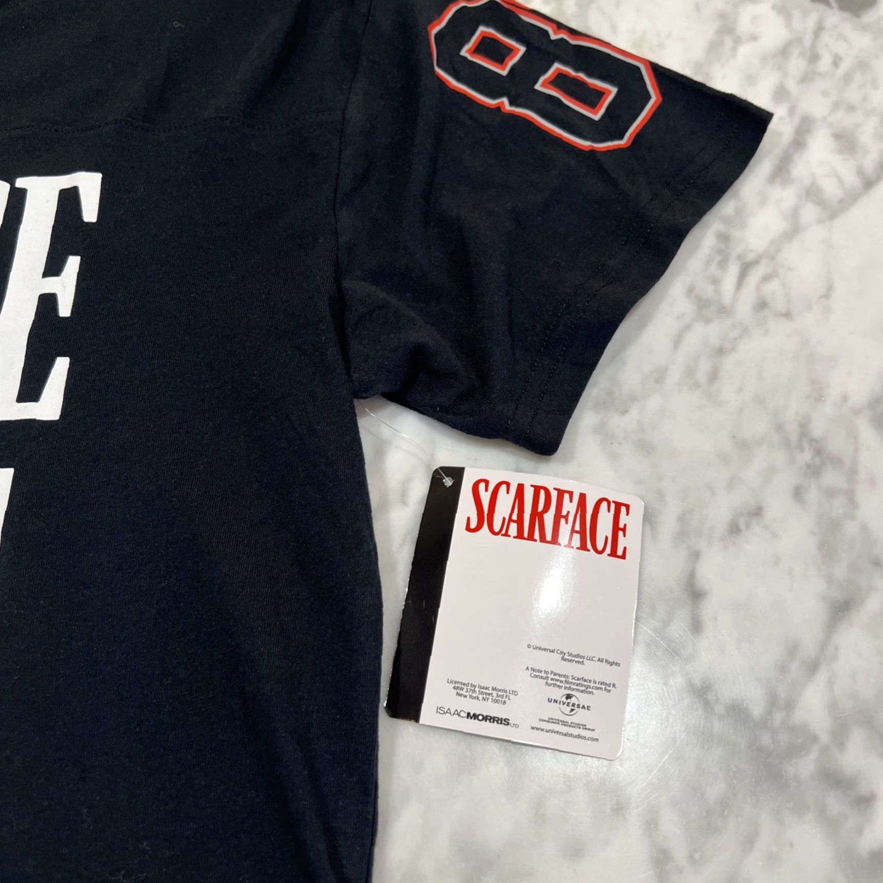 Vintage Scarface Tony Montana Graphic T-Shirt Men M ‘83 On Sleeves Miami Back NWT Shirt Men M Black Graphic Print 80s Movie Tony Montana NWT Size US M / EU 48-50 / 2 - 4 Thumbnail