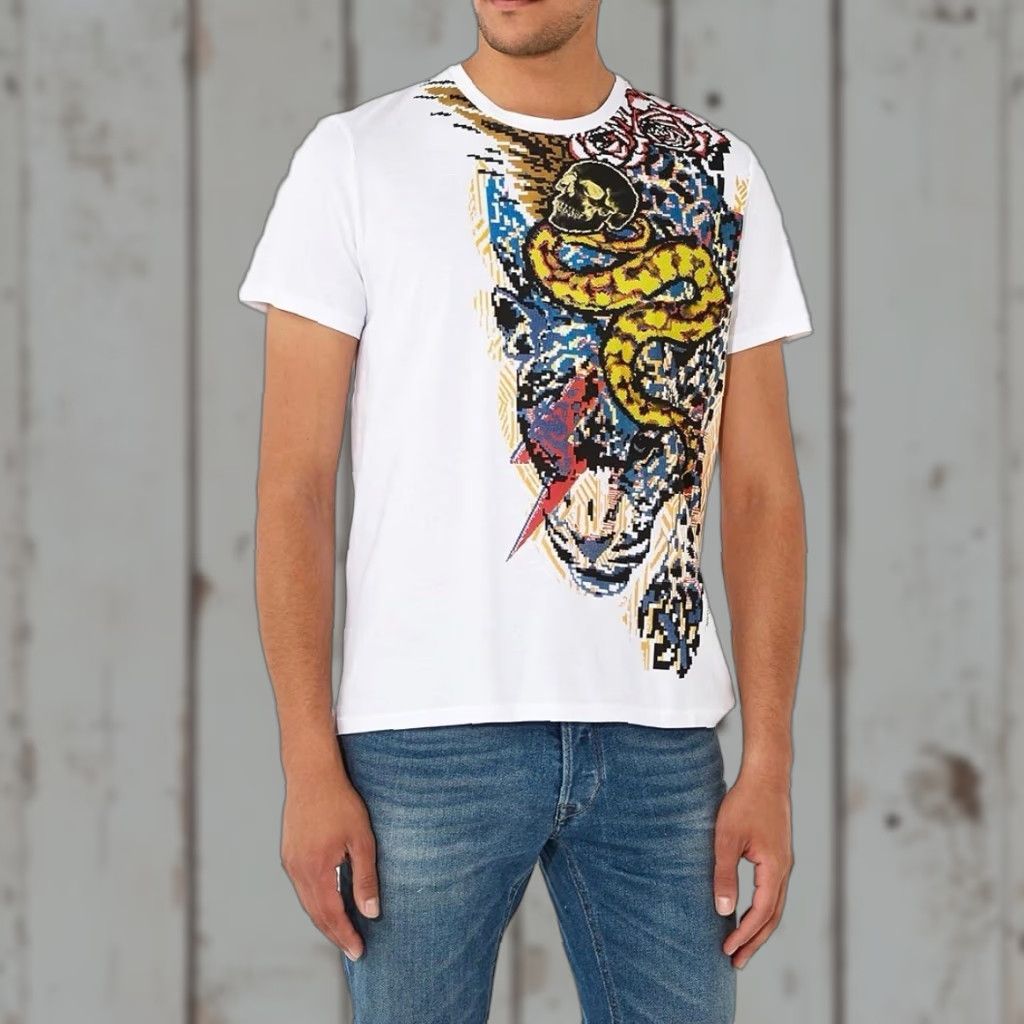 Just Cavalli Just Cavalli T-Shirt M White Tiger Skull Snake Art Asymmetrical Artwear Mens Size US M / EU 48-50 / 2 - 1 Thumbnail
