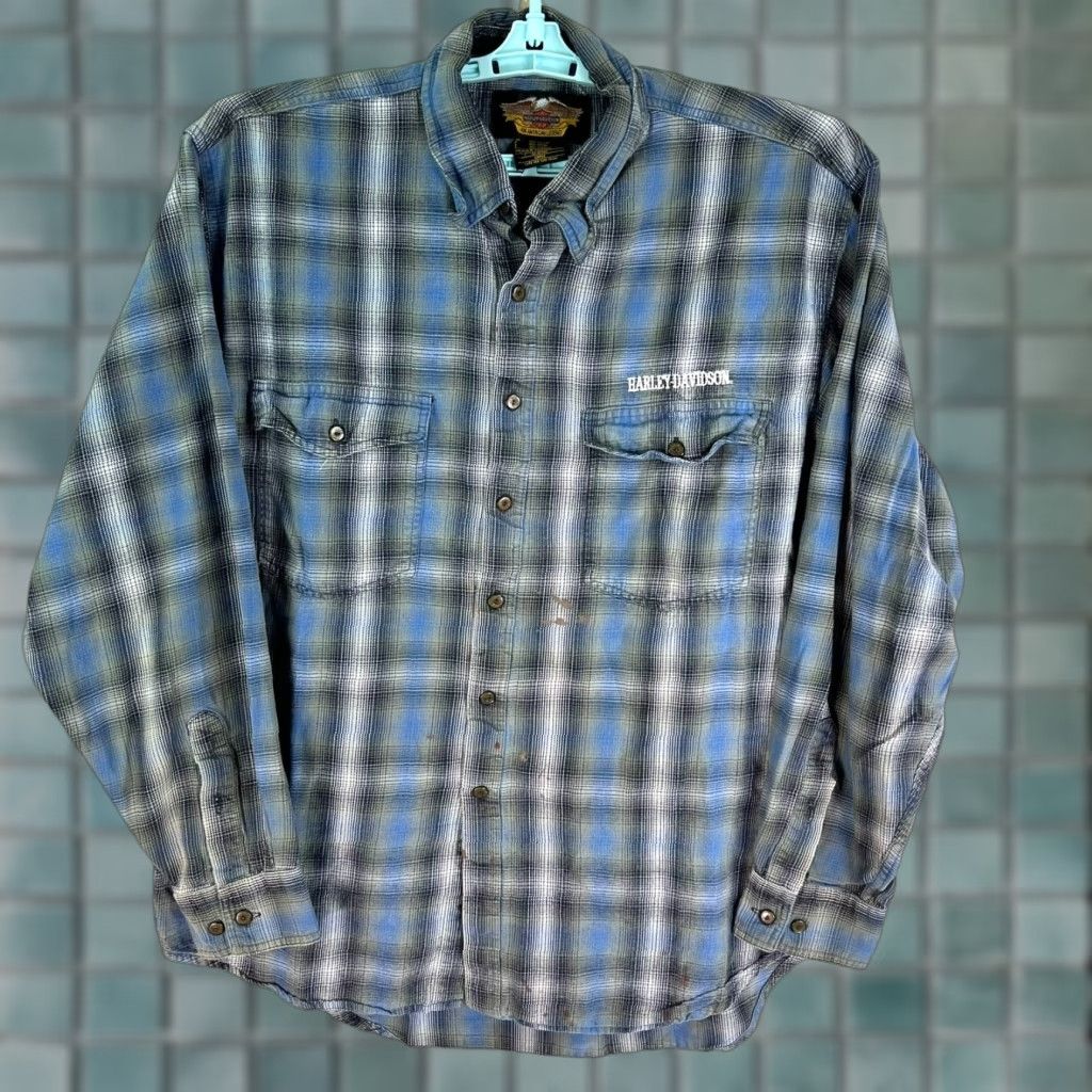 Harley Davidson Harley-Davidson Plaid Woven Button-Up Shirt Mens L Blue Distressed Long Sleeve Size US L / EU 52-54 / 3 - 1 Thumbnail
