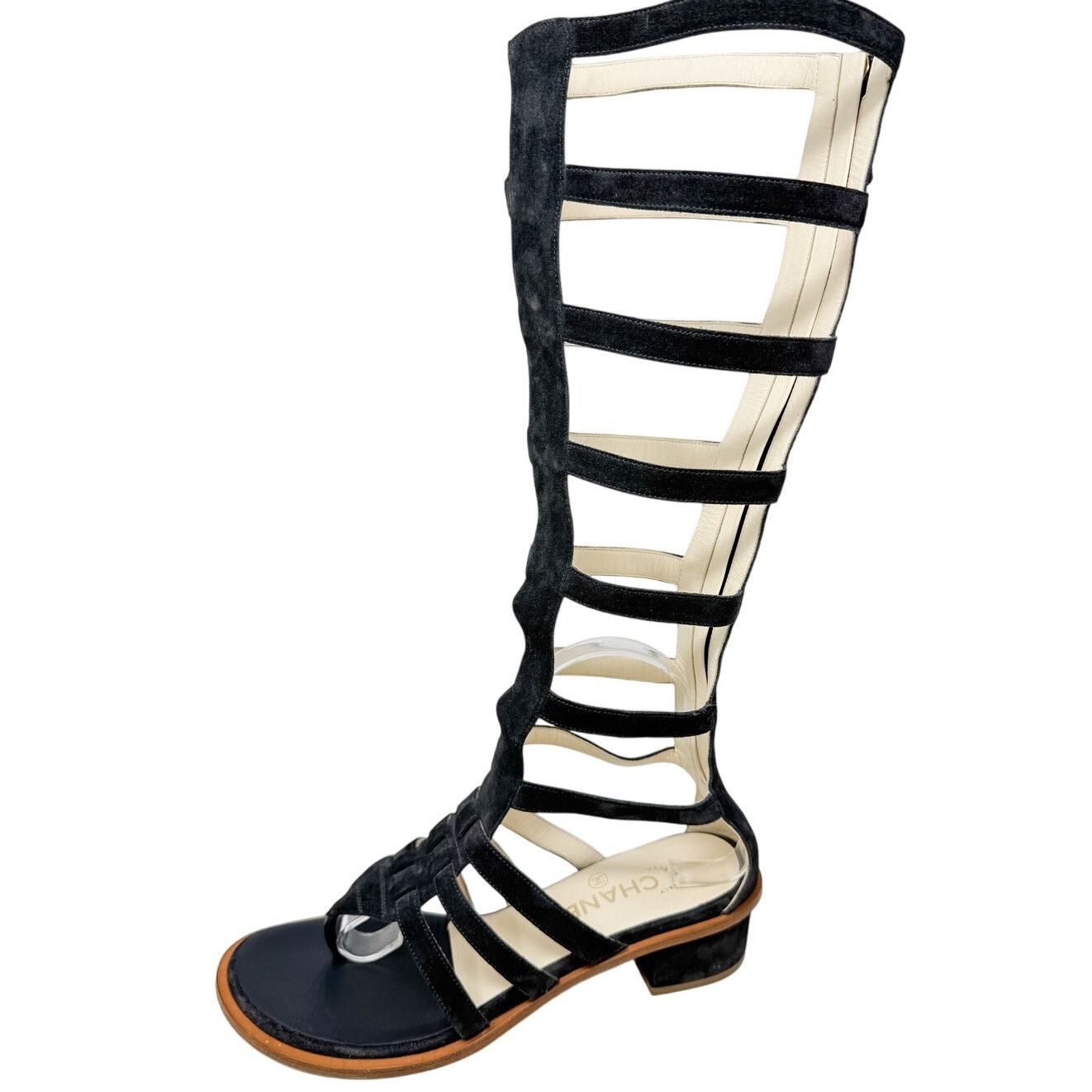 Chanel Block Heel Shoes Gladiator Tall Sandals Cc Logo Dark Gray Size 38 in Grey, Women's