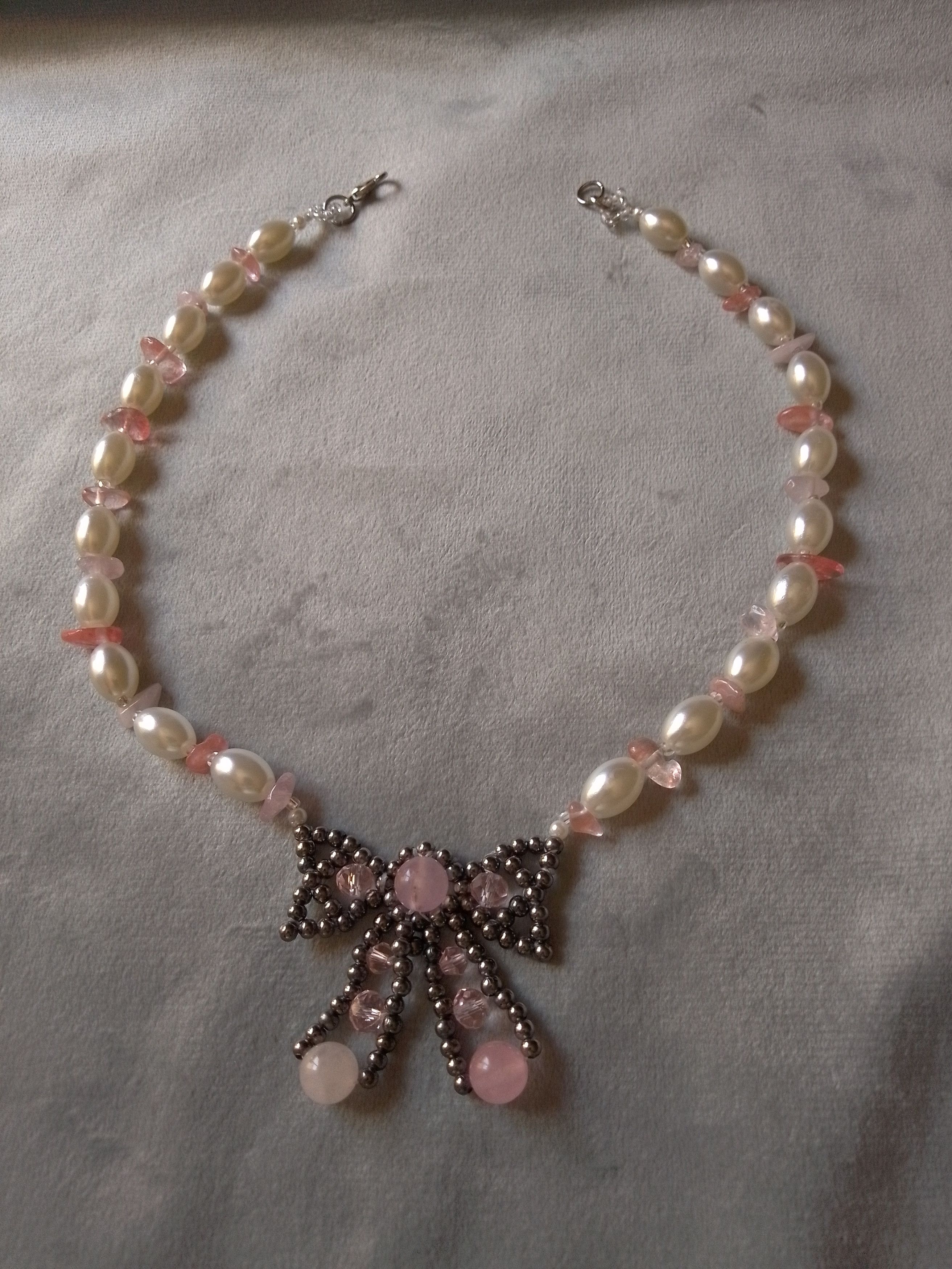 Handmade Bow necklace with natural rose with gemstones& pearls Size ONE SIZE - 9 Thumbnail