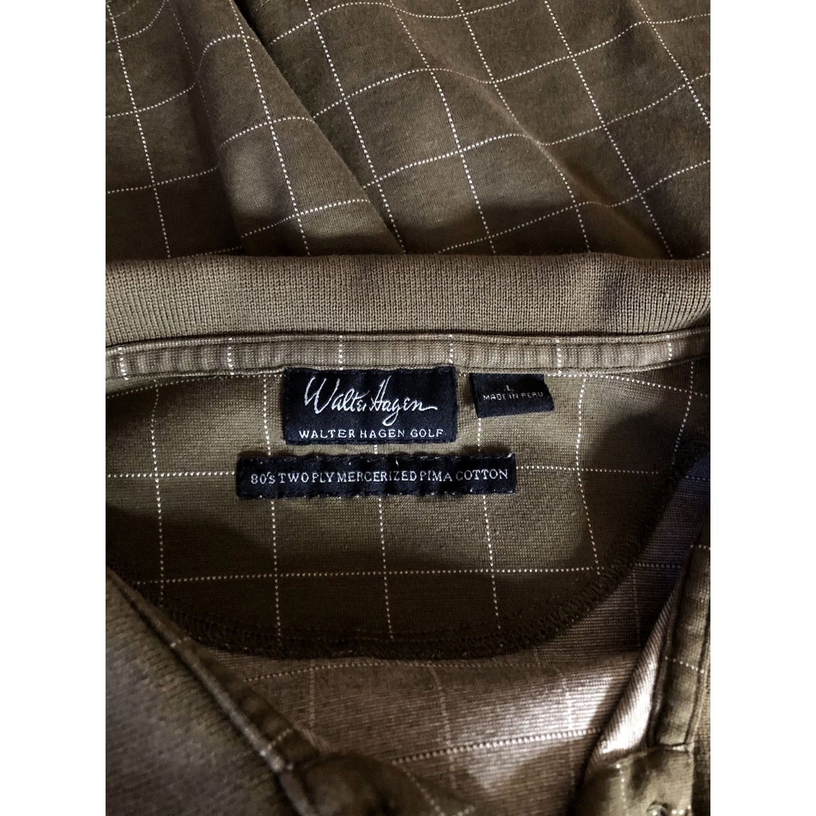 Vintage Walter Hagen Polo Shirt L Olive Green Check 3 Button Collar Short Sleeve Mens Size US L / EU 52-54 / 3 - 4 Thumbnail