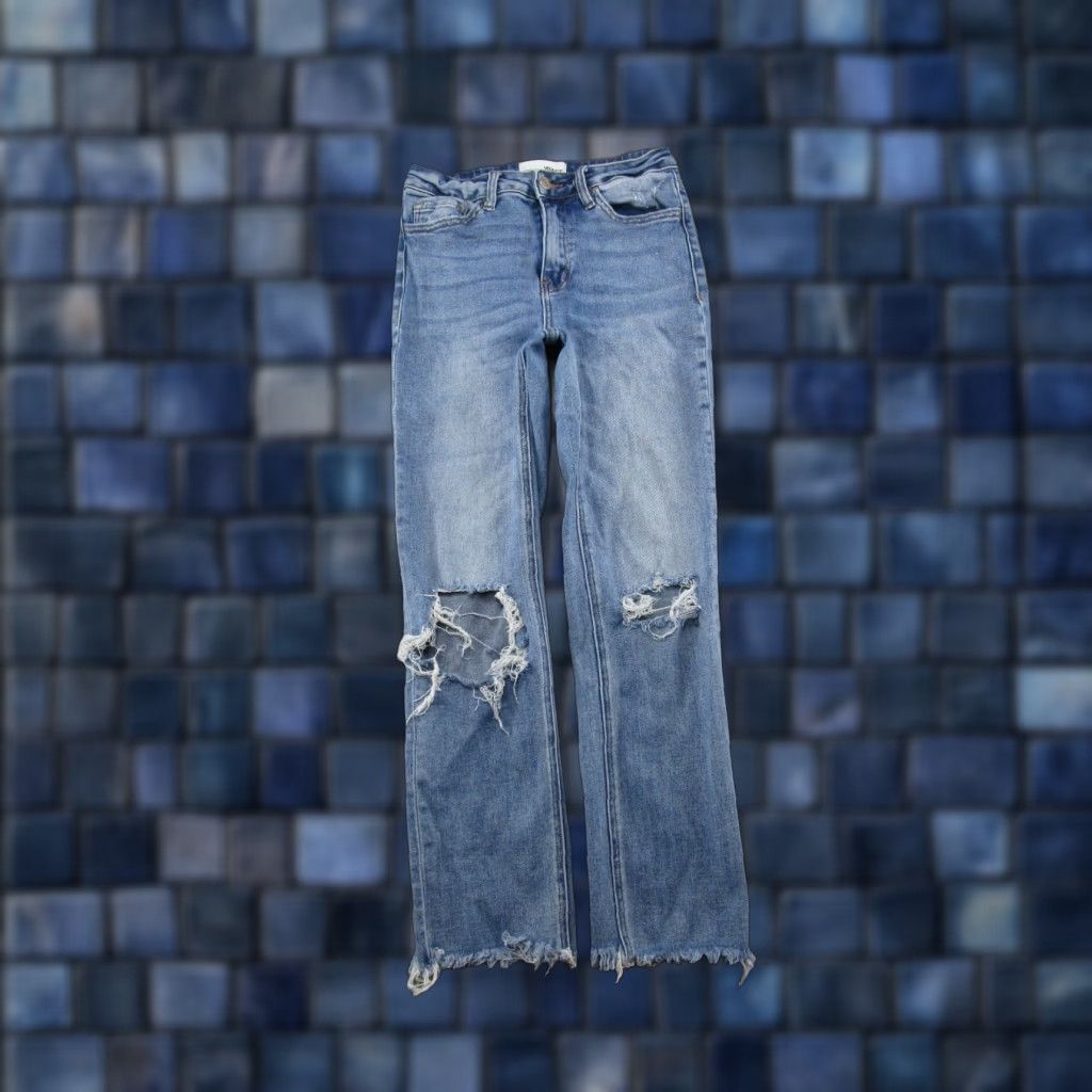 Denime Vervet Los Angeles Jeans Women Size 26 Blue Distressed Denim Raw Hem Straight Leg Mid Rise Womens Size 26" / US 2 / IT 38 - 1 Thumbnail