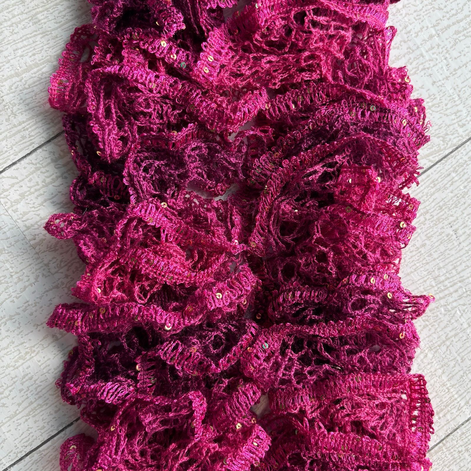 Handmade Homemade Crocheted Purple Pink Ruffle Scarf Sequin Accents Size ONE SIZE - 3 Thumbnail