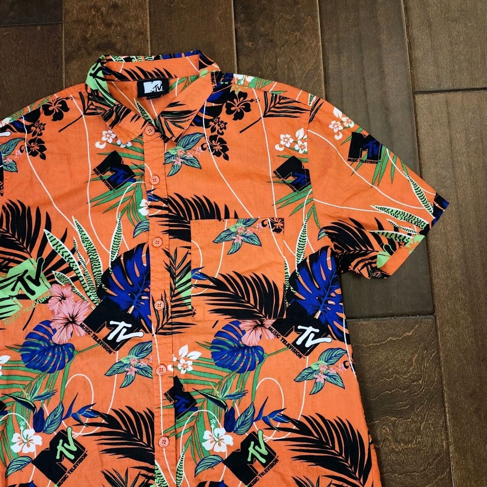 Logo 7 MTV Hawaiian Shirt Adult Large Orange Floral Logo Button Up Short Sleeve Mens Size US L / EU 52-54 / 3 - 5 Thumbnail