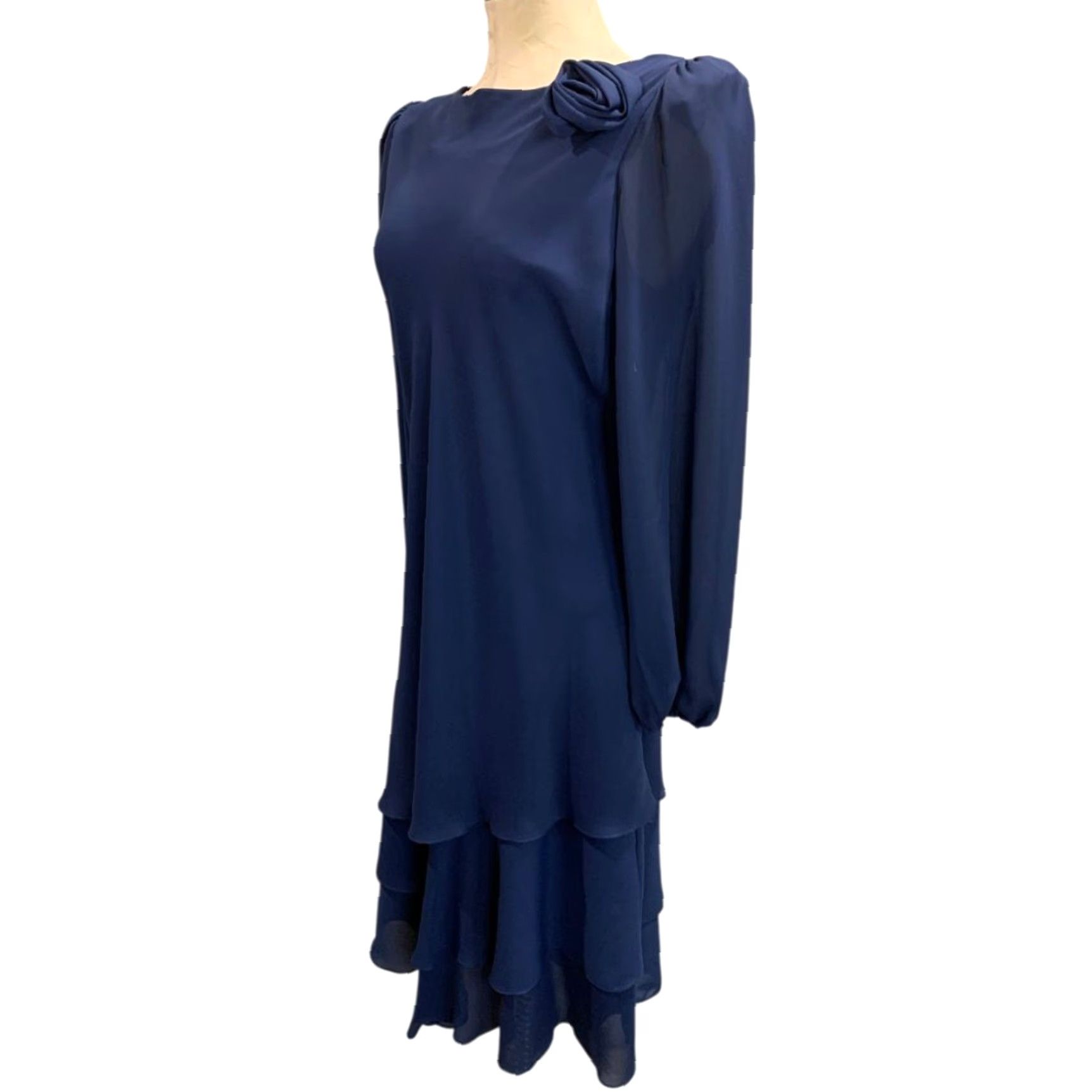 Vintage VINTAGE After Dark Navy Blue Dress Shoulder Pads Rosette Medium M Women Dress Long Blue Rosette 44" Shoulder to Hem Mens? Women? Size M / US 6-8 / IT 42-44 - 3 Thumbnail