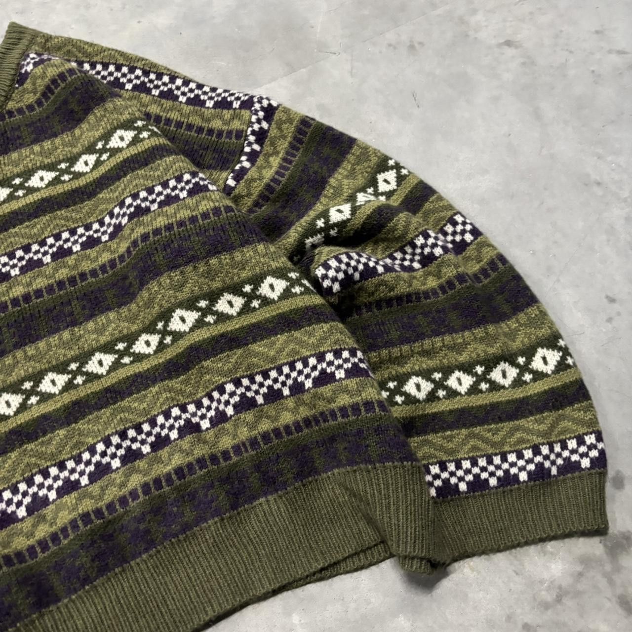 Japanese Brand × Vintage Crazy Vintage Y2K/2000s Green Striped Pattern Coogi Style Boxy Sweater! Size US L / EU 52-54 / 3 - 4 Thumbnail