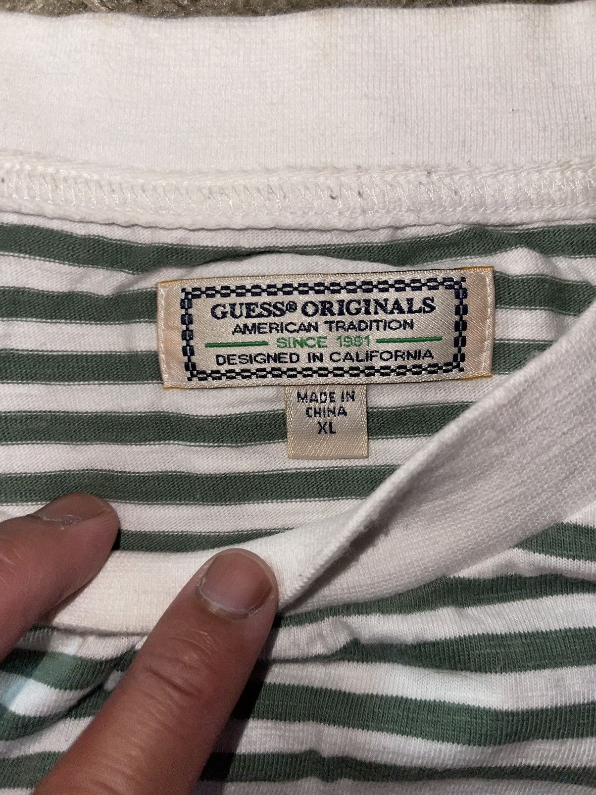 Guess × Vintage GUESS SHORT SLEEVE TEE WHITE/GREEN STRIPES XL Size US XL / EU 56 / 4 - 2 Thumbnail
