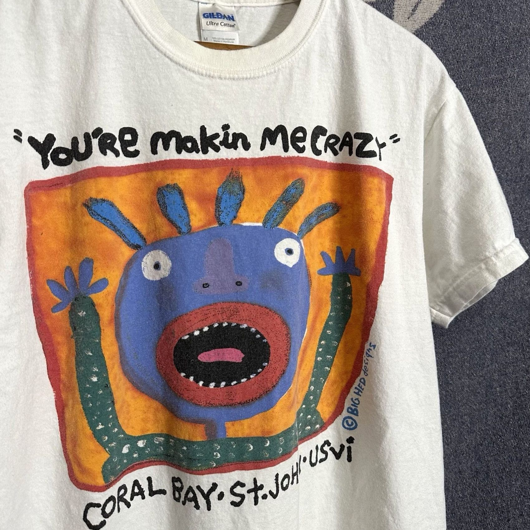 Gildan VINTAGE Big Head Designs Art T Shirt Med Coral Bay Graphic Print White Mens Size US M / EU 48-50 / 2 - 2 Thumbnail