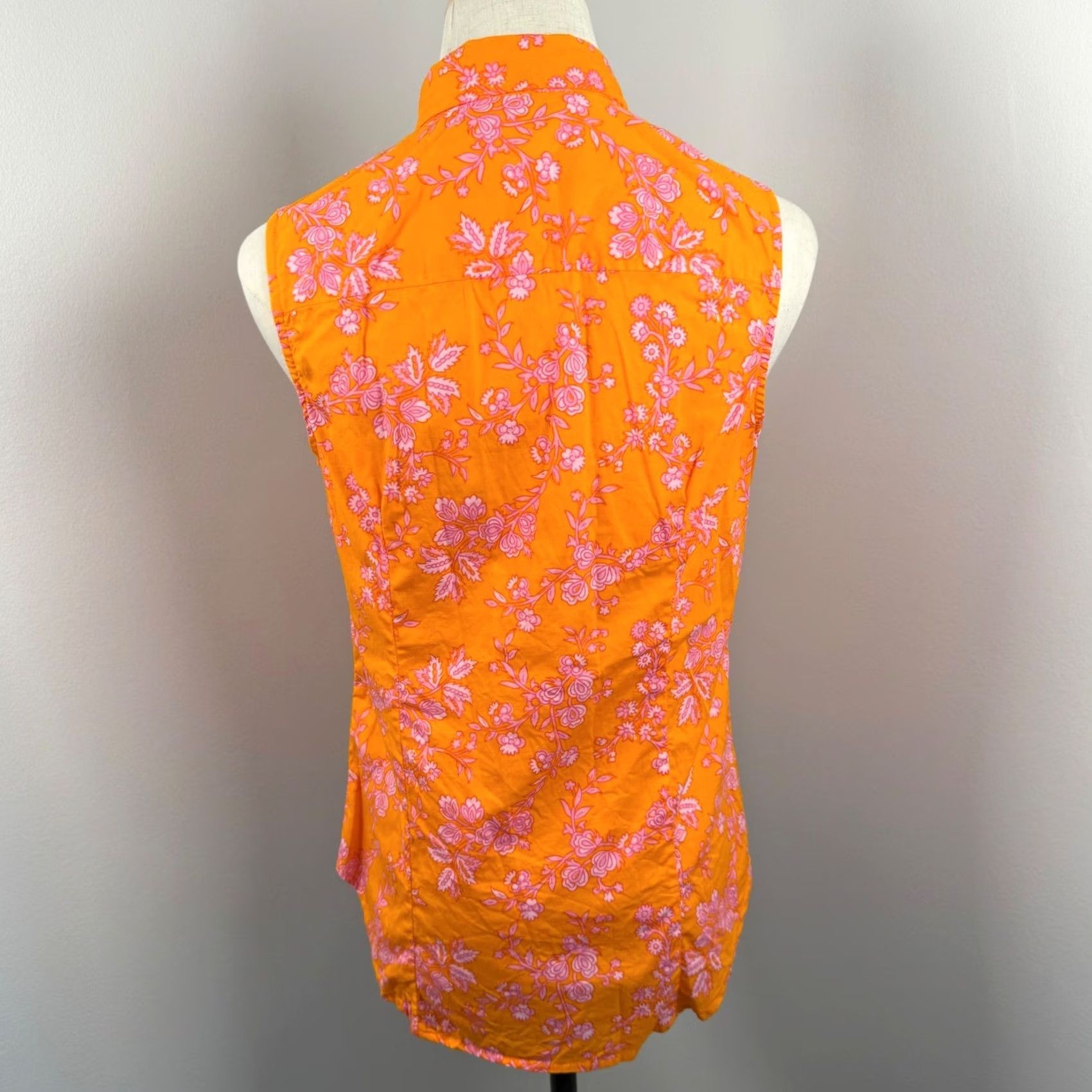 J.Crew VINTAGE? No. (Answer requires non-VINTAGE) J.CREW Floral Sleeveless Button-Down Top Orange Pink Re-Imagined Cotton Blend EUC Womens S Small? (Oops) Size S / US 4 / IT 40 - 3 Thumbnail