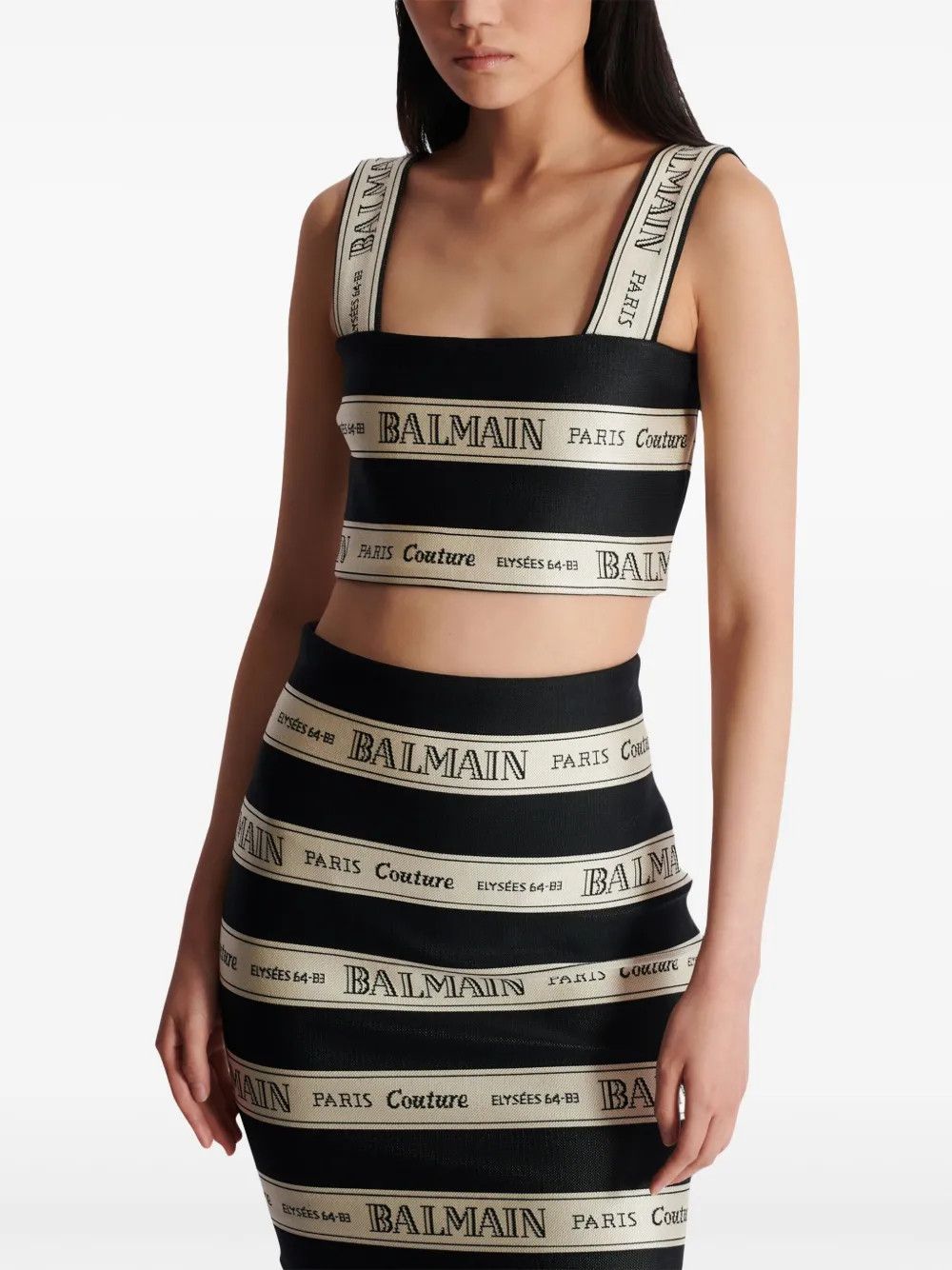 Balmain o1s1wg111225 Ribbon Jacquard Crop Top in Black/Champagne Size S / US 4 / IT 40 - 2 Thumbnail