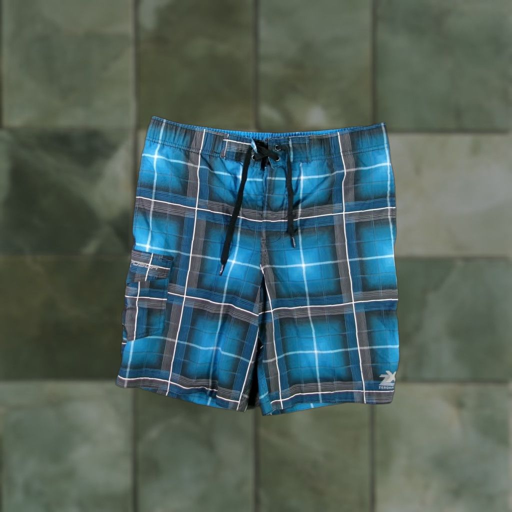 ZeroXposur ZeroXposur Swim Trunks Mens S Blue Plaid Boardshorts Cargo Pocket Elastic Waist Size US 29 - 1 Thumbnail