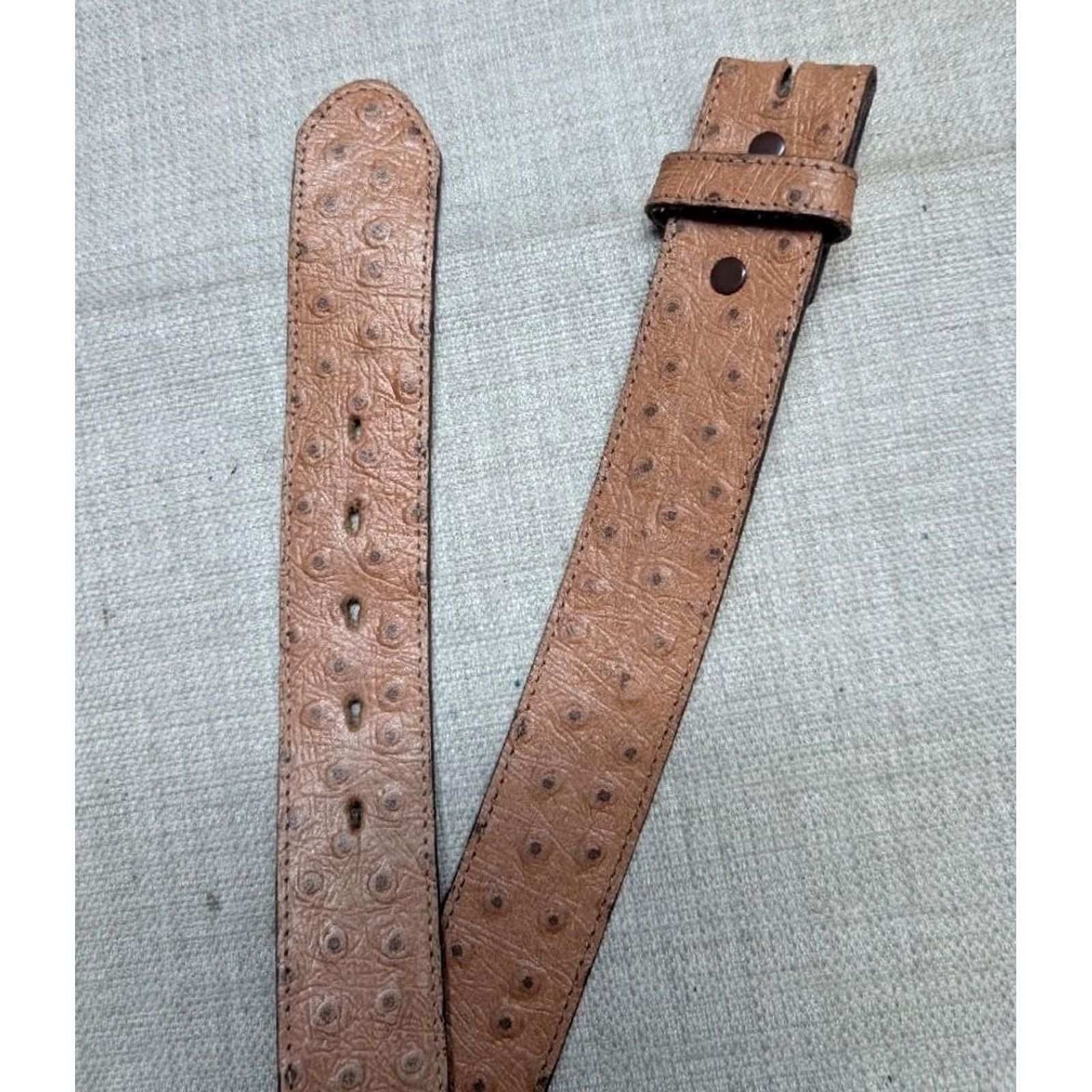 Skin VINTAGE USA made OSTRICH SKIN embossed 38 buckle belt WESTERN brown leather belt Mens 38 Western belt brown ostrich embossed USA made belt Size 38 - 4 Thumbnail