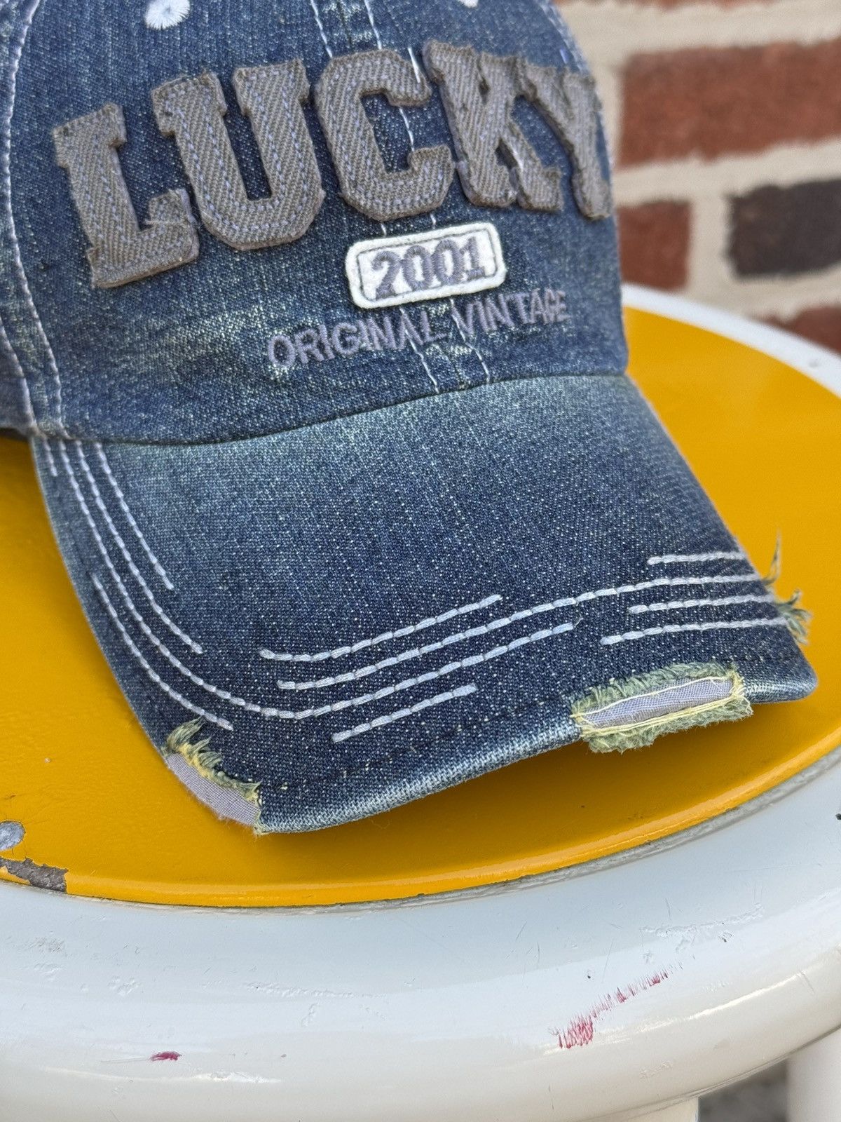 Japanese Brand Vintage 2001 Lucky “Original Vintage” Denim Cap Size ONE SIZE - 6 Thumbnail