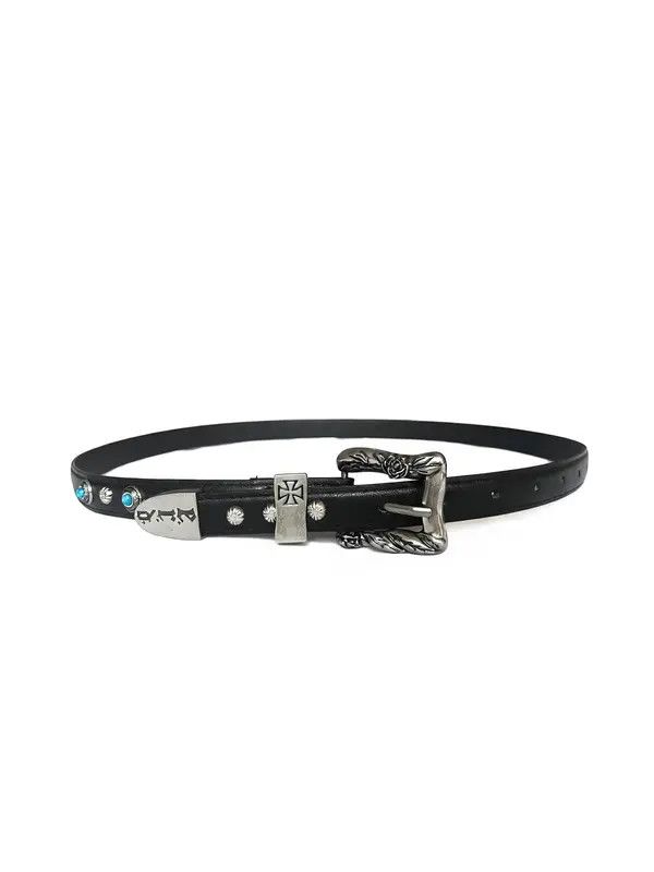 Leather Black Leather Belt with Silver Buckle and Turquoise Accents Size ONE SIZE - 4 Thumbnail