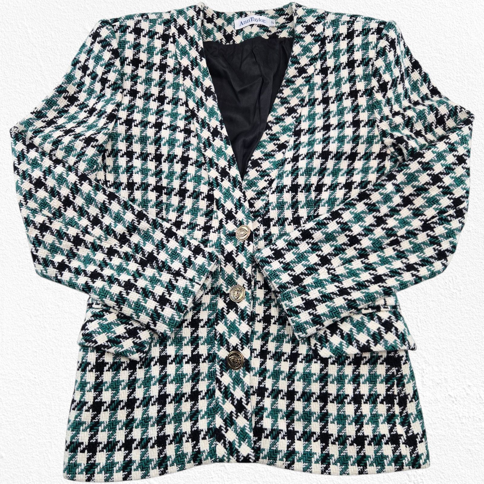 Ann Taylor 1980s Ann Taylor Green Black Wool Houndstooth Blazer Size 2 Size XS / US 0-2 / IT 36-38 - 2 Thumbnail