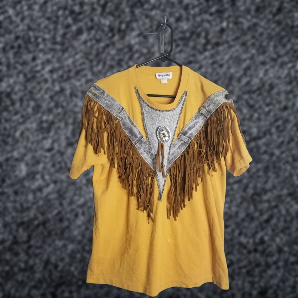 Vintage VINTAGE Gepetto Design Western T-Shirt 1980s Women’s Large Yellow Cotton Blend Rodeo Fringe Size L / US 10 / IT 46 - 1 Thumbnail
