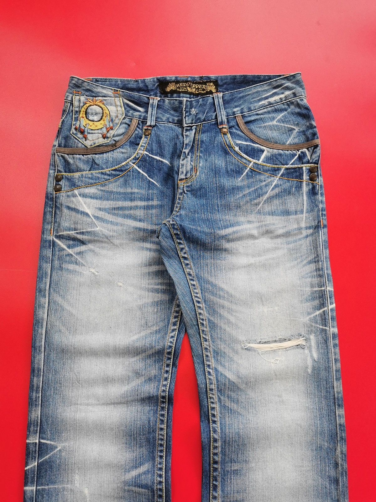 If Six Was Nine Red Pepper Red Indian Embroidery Denim Jeans Size US 32 / EU 48 - 7 Thumbnail