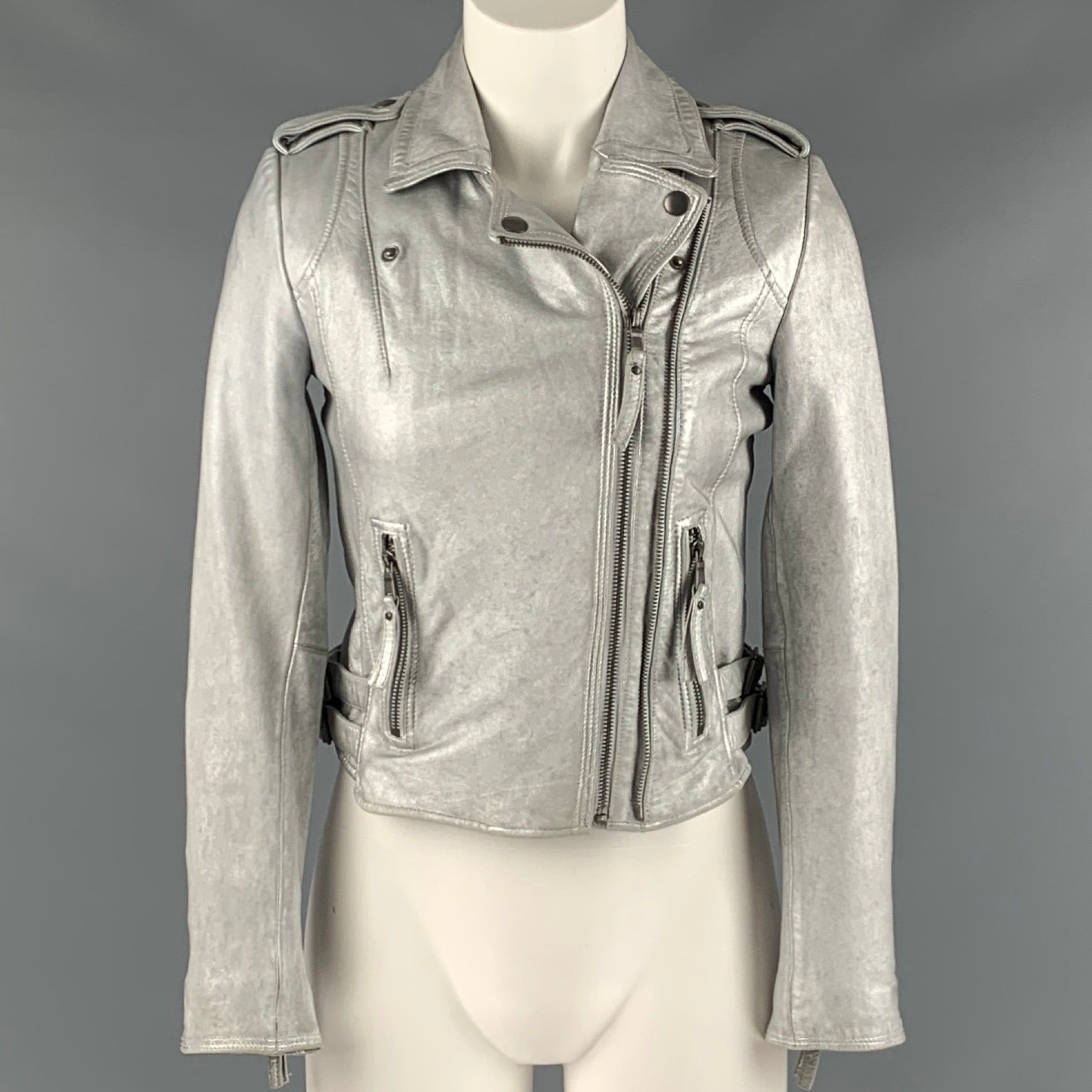 image of Joie Silver Leather Metallic Lambskin Biker Jacket, Women's (Size XS)