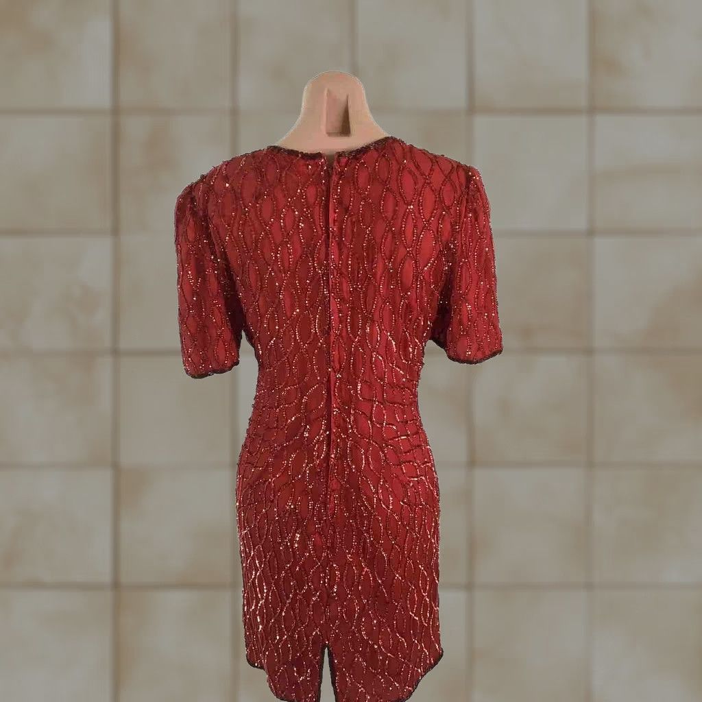 Vintage Laurence Kazar Red Sequined Silk Mini Petite Dress Beaded Trim Cocktail Party L Size L / US 10 / IT 46 - 1 Thumbnail