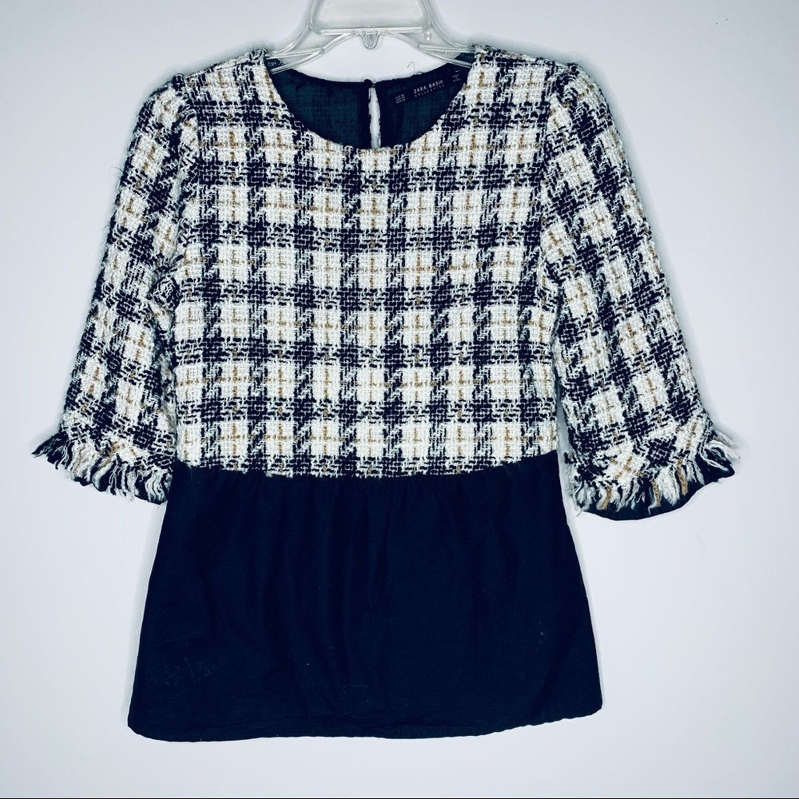 Zara Zara Tweed Houndstooth Peplum Top Fringe Trim Blouse Size US XS / EU 42 / 0 - 3 Thumbnail
