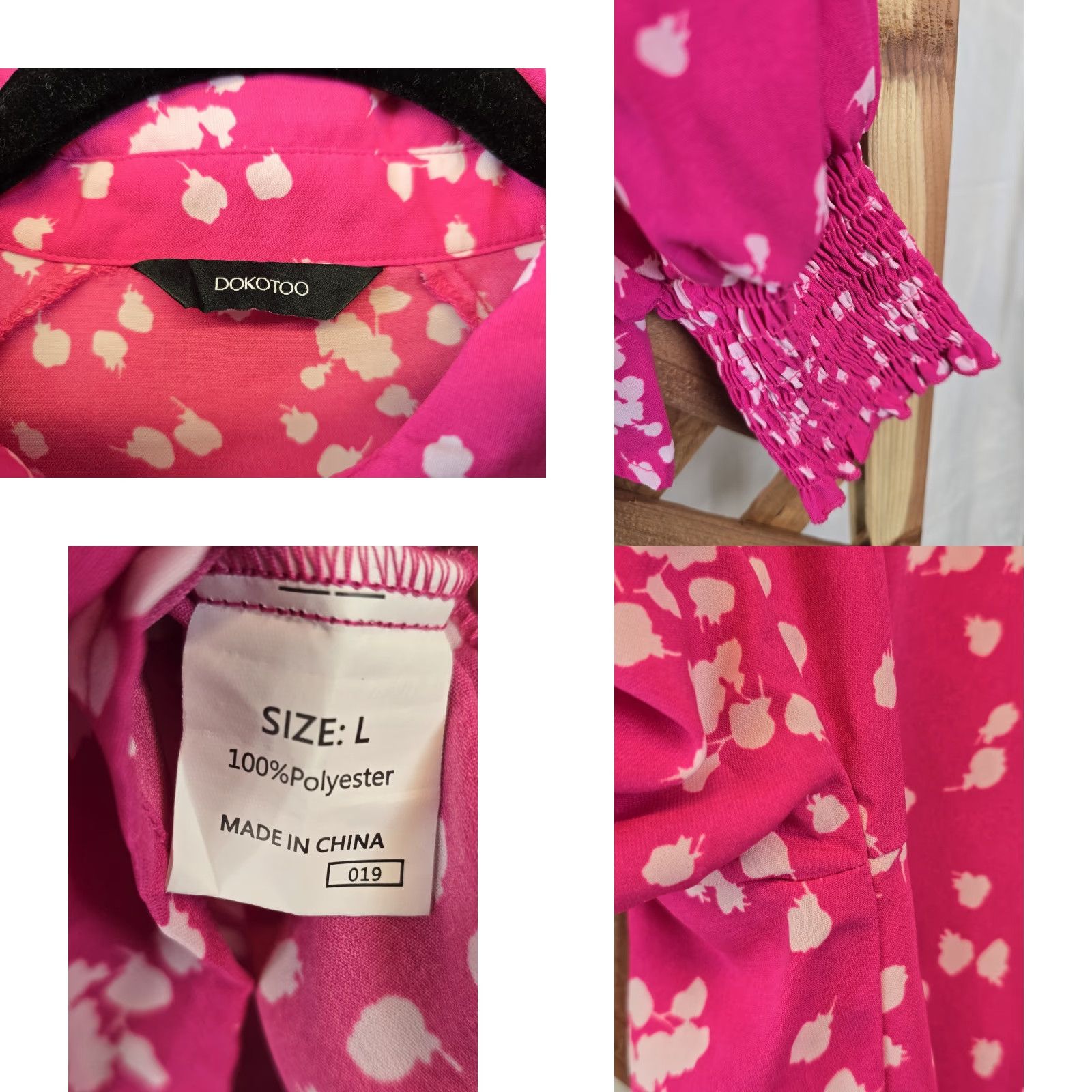 Vintage DOKOTOO Blouse - Womens Casual V Neck Long Sleeve Button Down - Pink - Size L - Polyester - Easy Care - Ruffle - Regular Fit Size L / US 10 / IT 46 - 8 Thumbnail