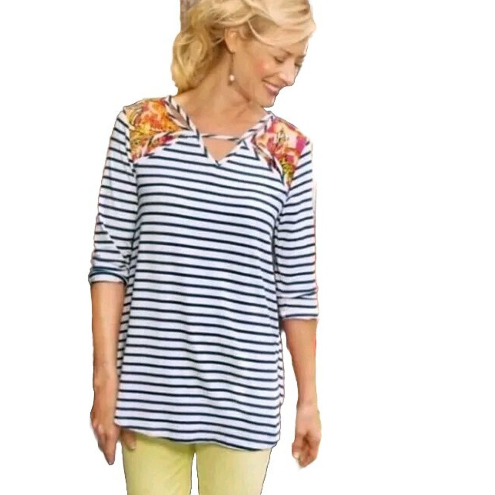 Soft Surroundings Soft Surroundings Striped Front Floral Top Size XL A000003 Size XL / US 12-14 / IT 48-50 - 2 Thumbnail