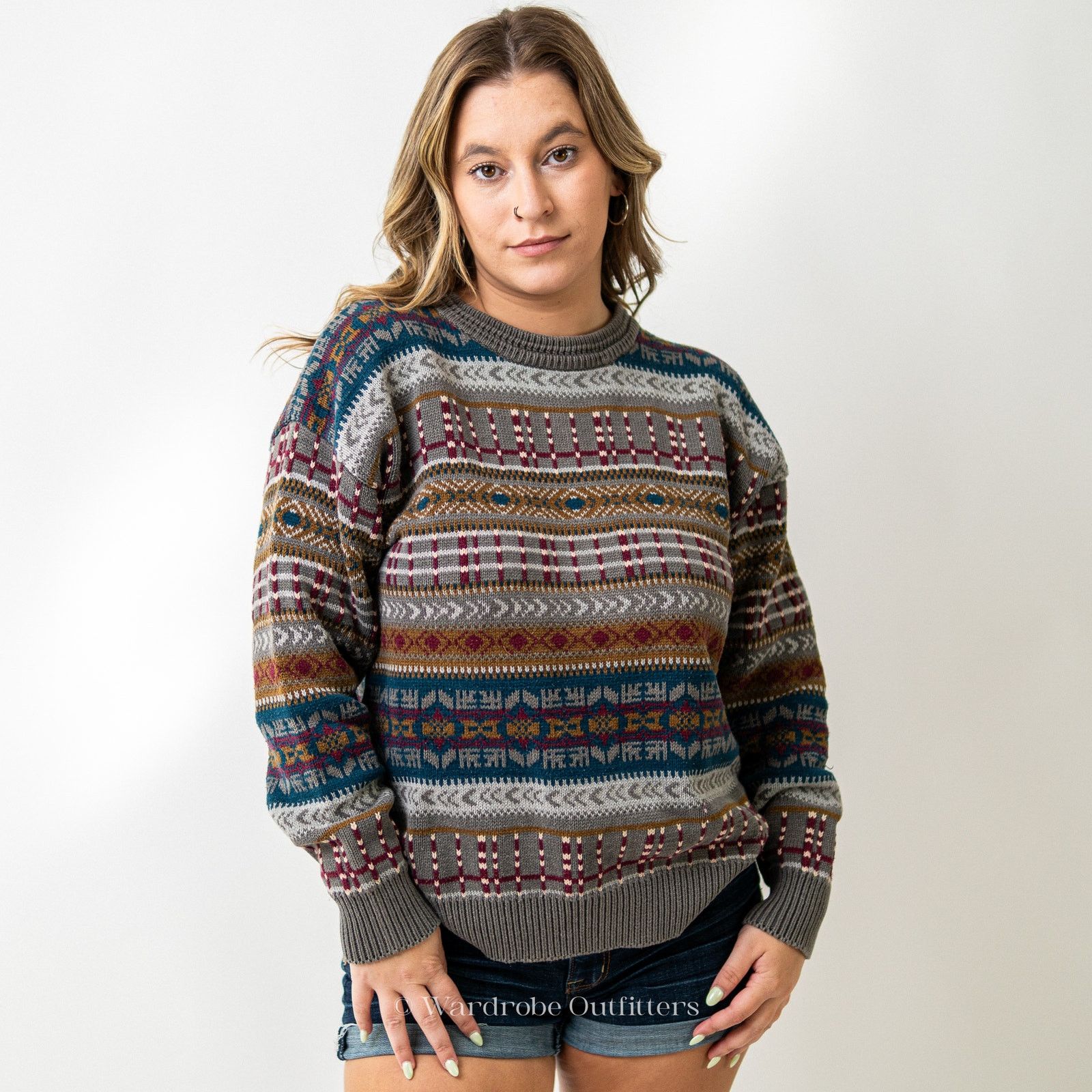 Vintage Chunky Vintage 90s Aztec Multi Striped Sweater Woods & Gray Size L / US 10 / IT 46 - 3 Thumbnail