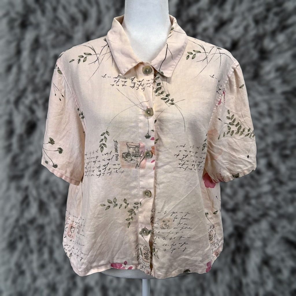 Vintage VINTAGE Dressbarn Linen Pink Botanical Shirt Womens Medium Short Sleeve Button-Up Size M / US 6-8 / IT 42-44 - 1 Thumbnail