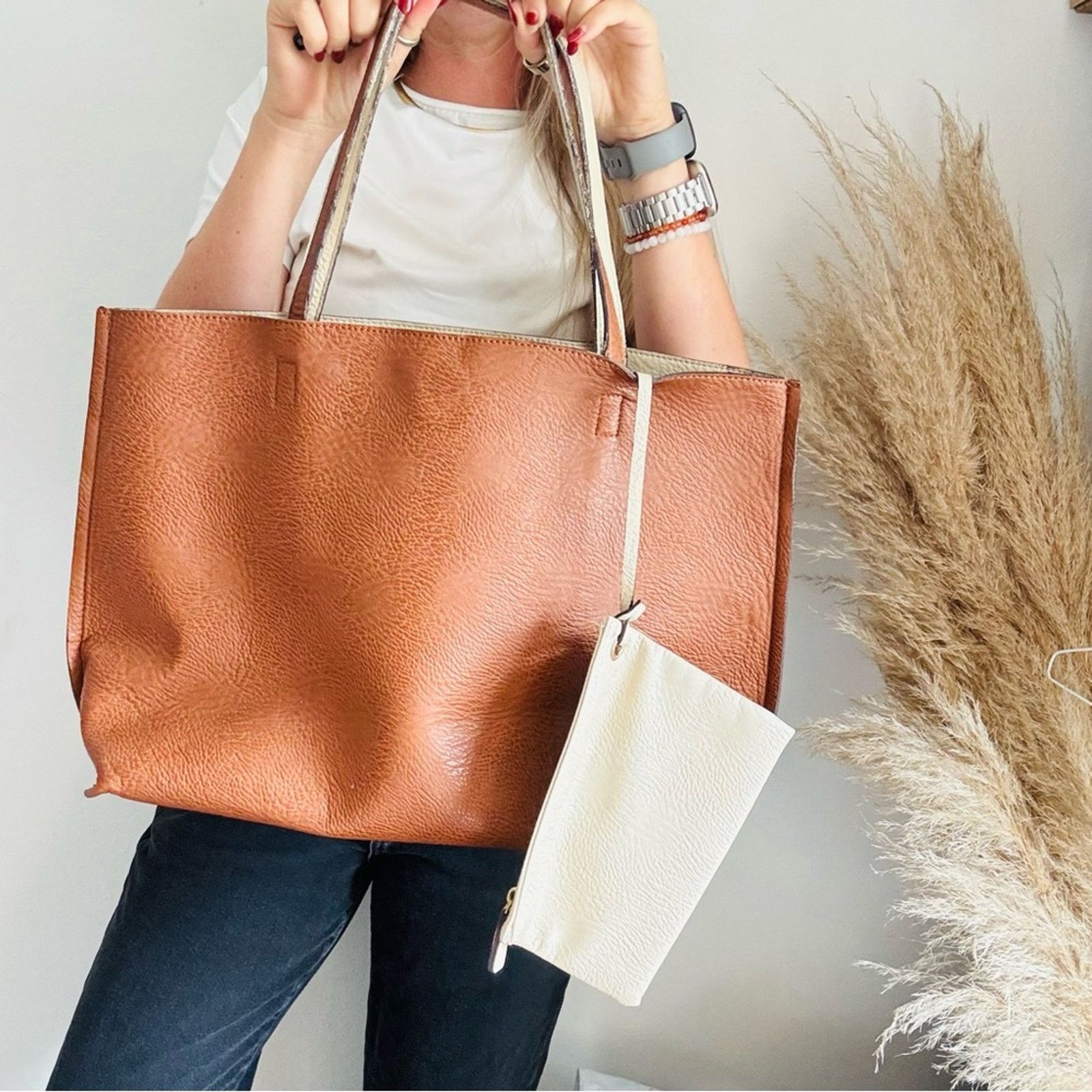 Anthropologie ANTHROPOLOGIE Brown Off White Zip Pouch Vegan Leather Purse Size ONE SIZE - 1 Thumbnail