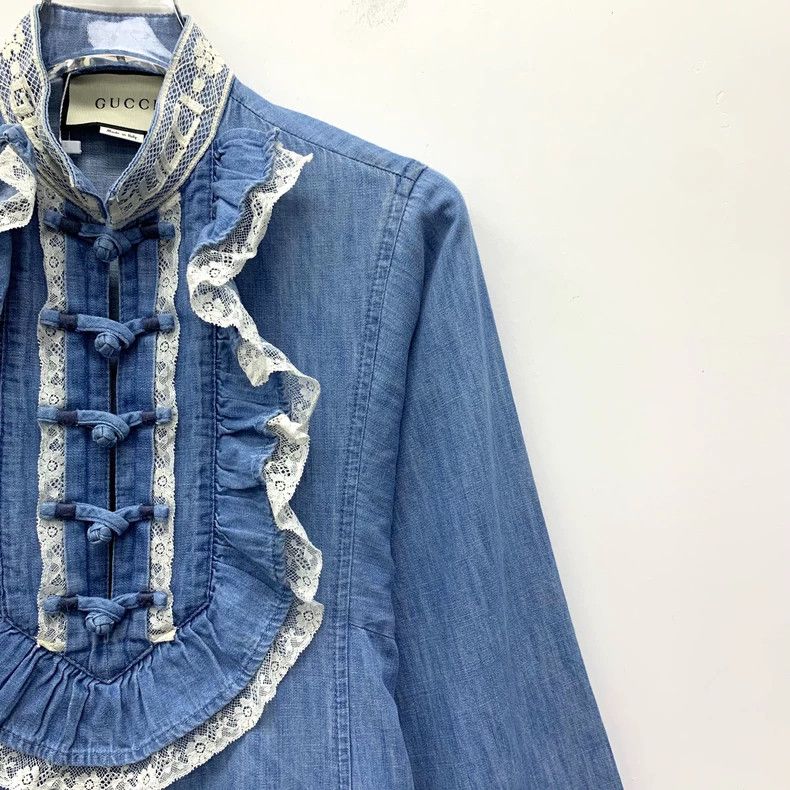 Gucci Gucci Blue lace lotus leaf lace cotton long-sleeved denim d Size XS / US 0-2 / IT 36-38 - 3 Thumbnail