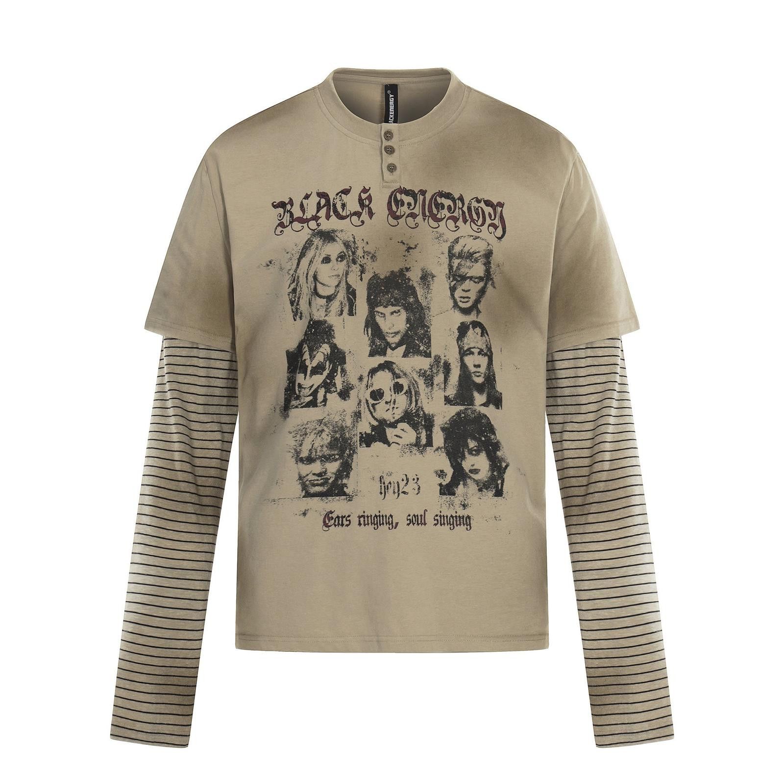 Japanese Brand Beige Layered Graphic Long Sleeve T-Shirt, Casual Fit Size US M / EU 48-50 / 2 - 6 Thumbnail