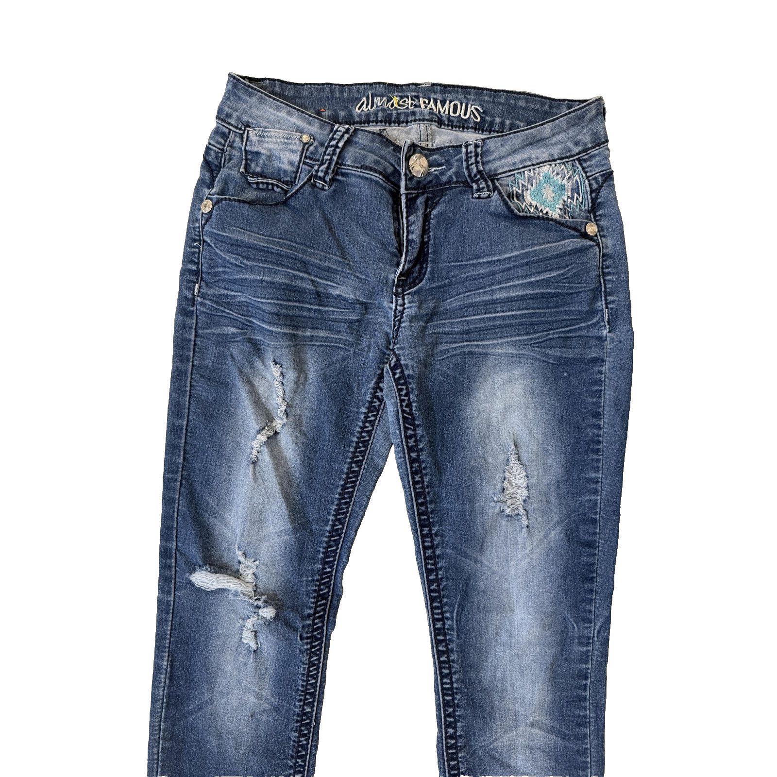Almost Famous Almost Famous Y2K Hit Jeans 5 Blue Distressed Aztec Pockets Size 27" / US 4 / IT 40 - 4 Thumbnail
