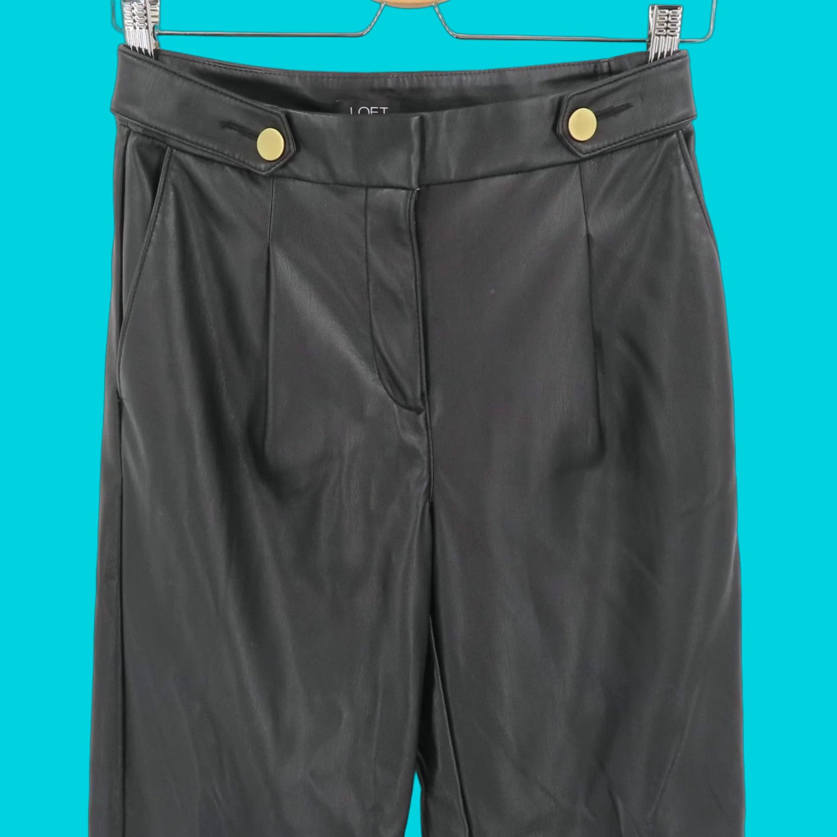 Loft LOFT Womens 00 Solid Black Faux Leather Trouser Pants Gold Buttons Pockets Size 24" / US 00 / IT 34 - 1 Thumbnail