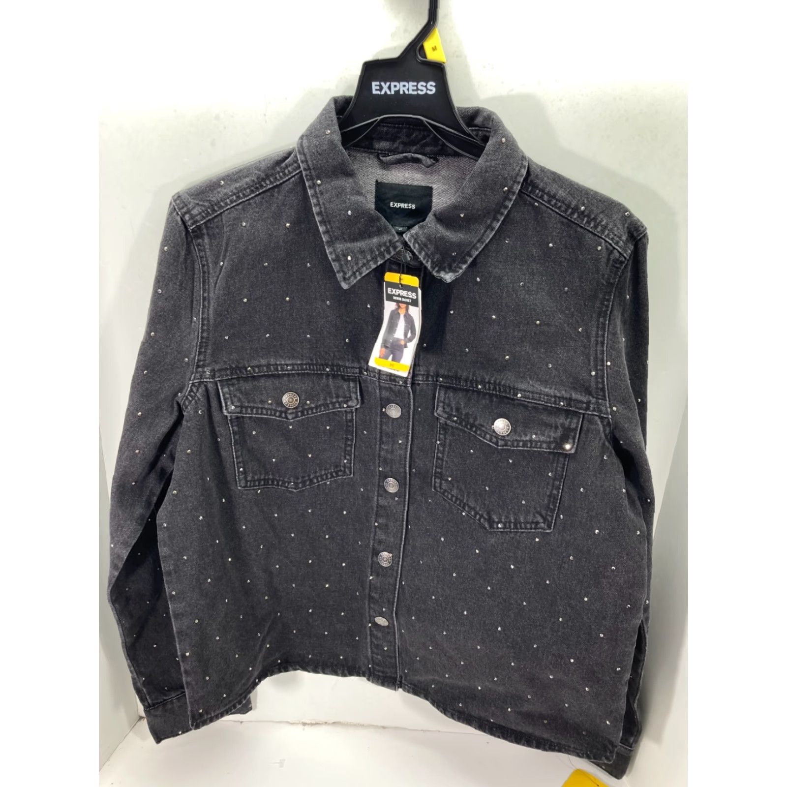 Express Express Jeans Denim Jacket Womens M Black Snap Front Rhinestone Western NWT Size 32" / US 10 / IT 46 - 3 Thumbnail