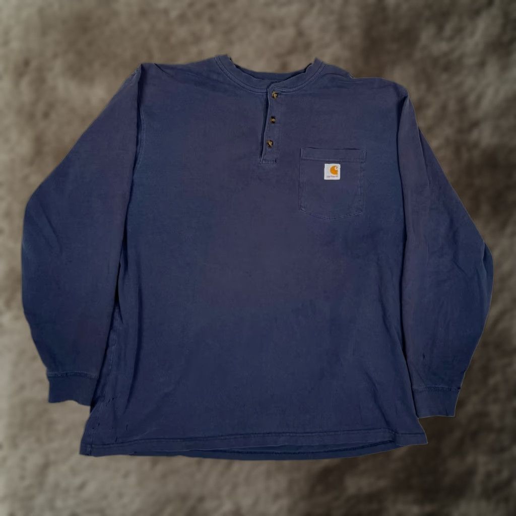 Carhartt Carhartt Men's Long Sleeve Henley Shirt XL Blue Sun Faded Grunge Pockets Knit Cotton Regular Vintage No N/A Size US XL / EU 56 / 4 - 1 Thumbnail