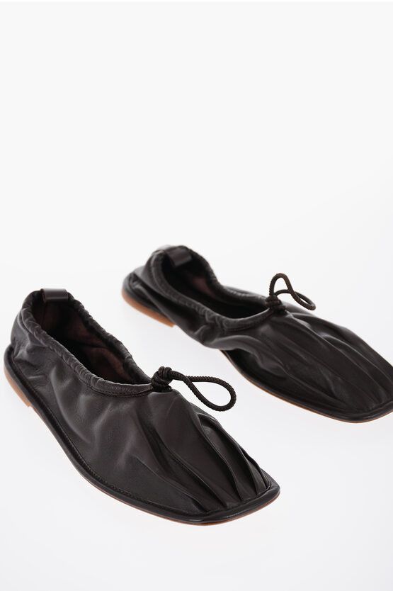 image of Hereu Square Toe Soft Leather Puntera Ballet Flats With Pleated De in Brown, Women's (Size 6)