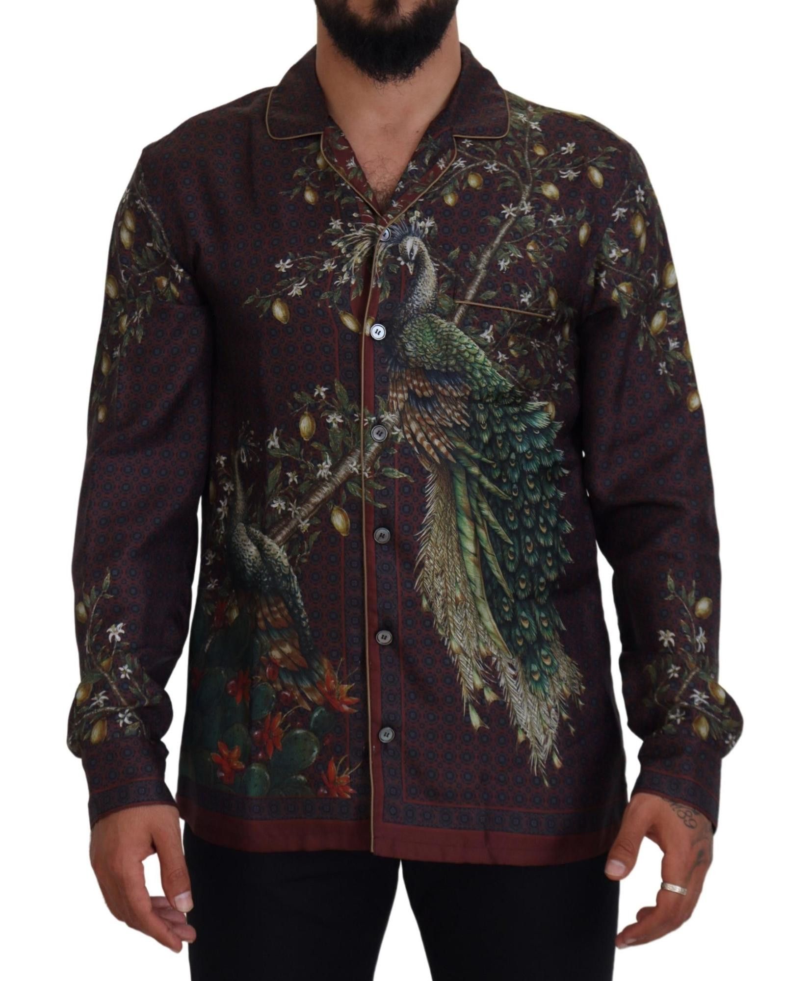 image of Dolce Gabbana Silk Satin Ostrich Print Shirt in Bordeaux, Men's (Size XS)