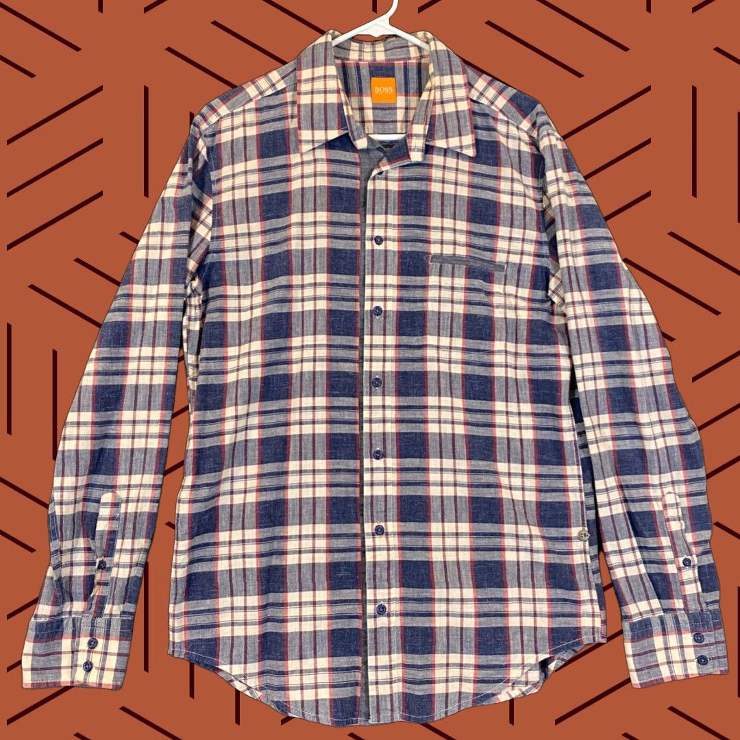 Hugo Boss HUGO BOSS Orange Shirt Mens Large Blue Red Plaid Button Up Pocket Dress Top L/S Size US L / EU 52-54 / 3 - 1 Thumbnail