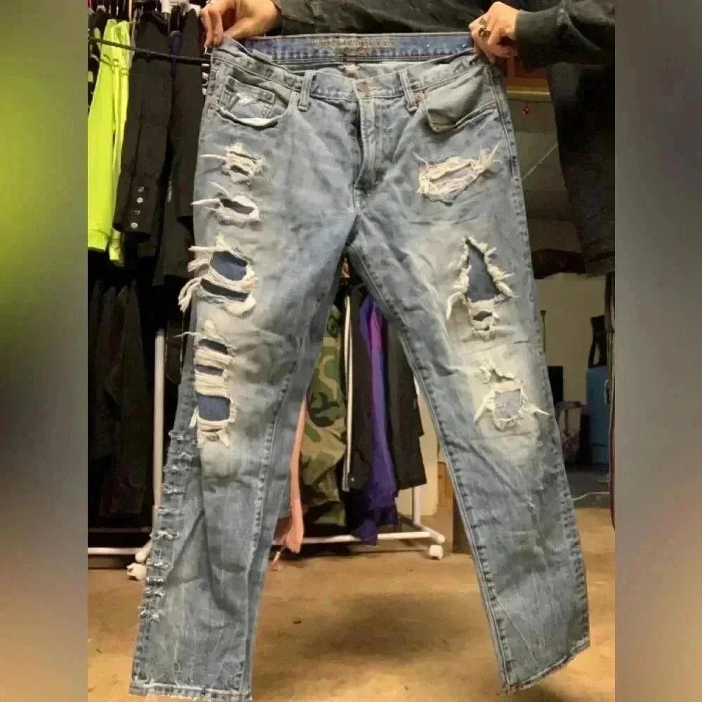 Designer Distressed Blue Denim Jeans - Trendy Ripped Style Size US 32 / EU 48 - 1 Thumbnail
