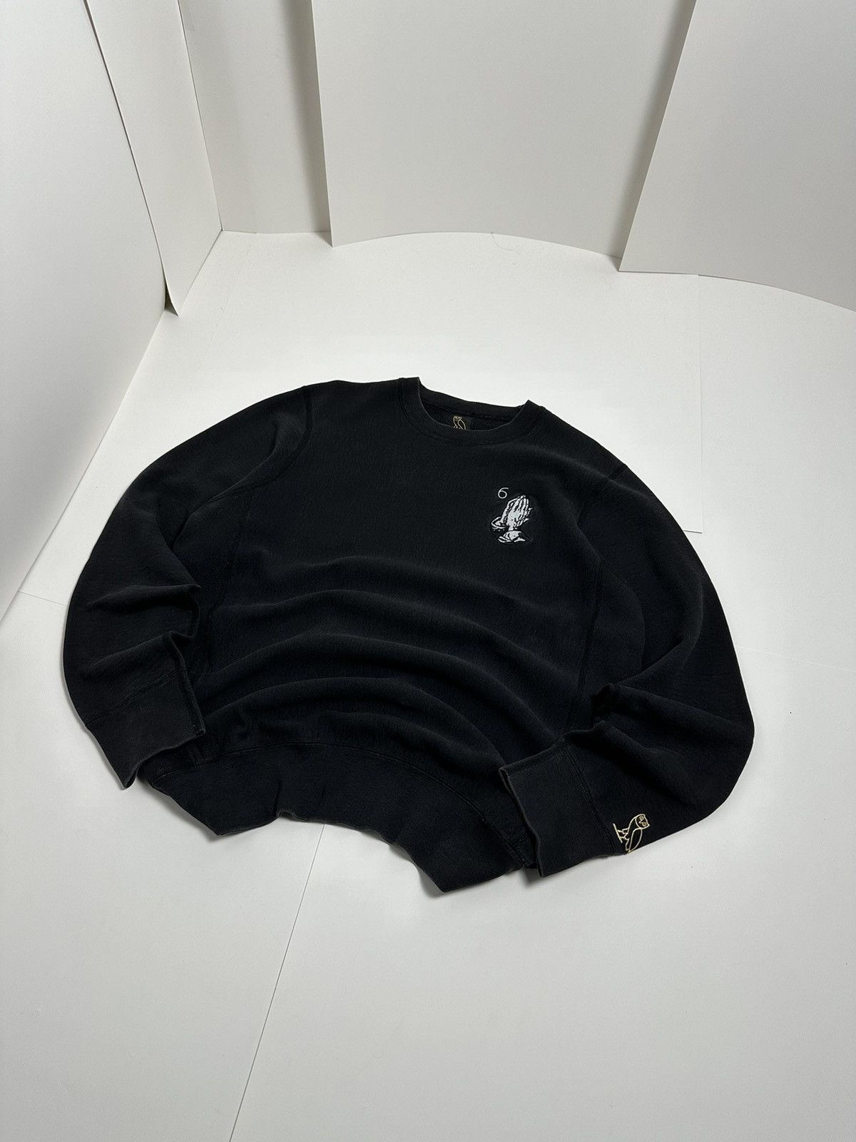 image of Drake x Octobers Very Own 6 God Pray Hands Faded Sweatshirt Ovo in Black, Men's (Size Medium)