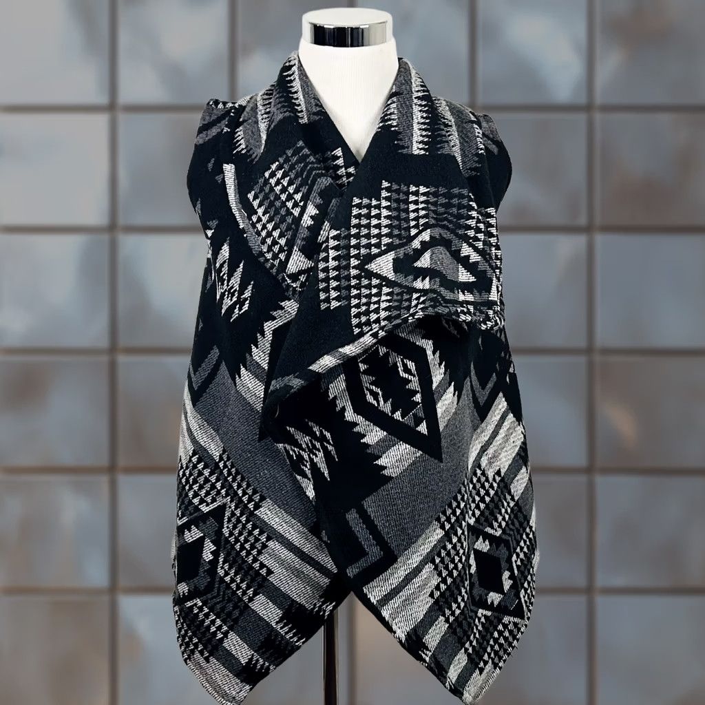 Vintage NWT Me Jane Small Wool Blend Wrap Coat Black Gray Native Southwest Knit Women's Small Wool Blend Wrap Coat Size S / US 4 / IT 40 - 1 Thumbnail