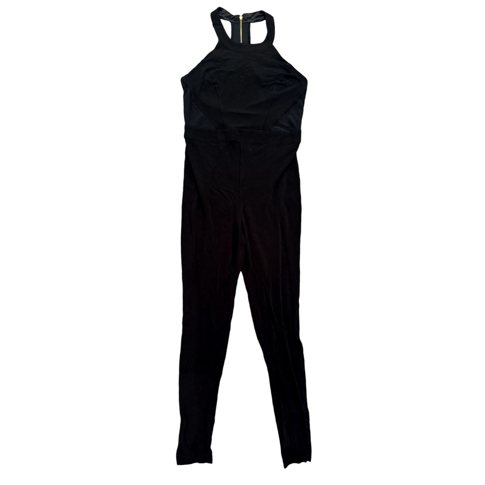 Bebe Bebe Halter Neck Mesh Accent Bodycon Jumpsuit Black, Size L Size 31" - 1 Thumbnail