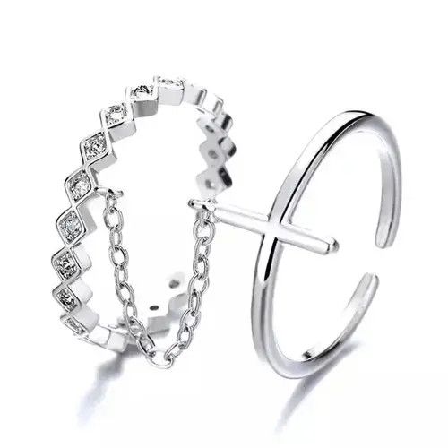 Ring Of Fire Geometric Double Ring Cross Chain Open Ring Size ONE SIZE - 2 Thumbnail