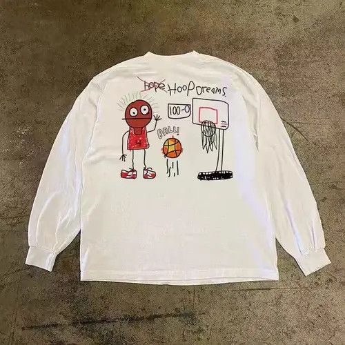 Japanese Brand White casual retro loose basketball print long sleeve tee Size US L / EU 52-54 / 3 - 1 Thumbnail
