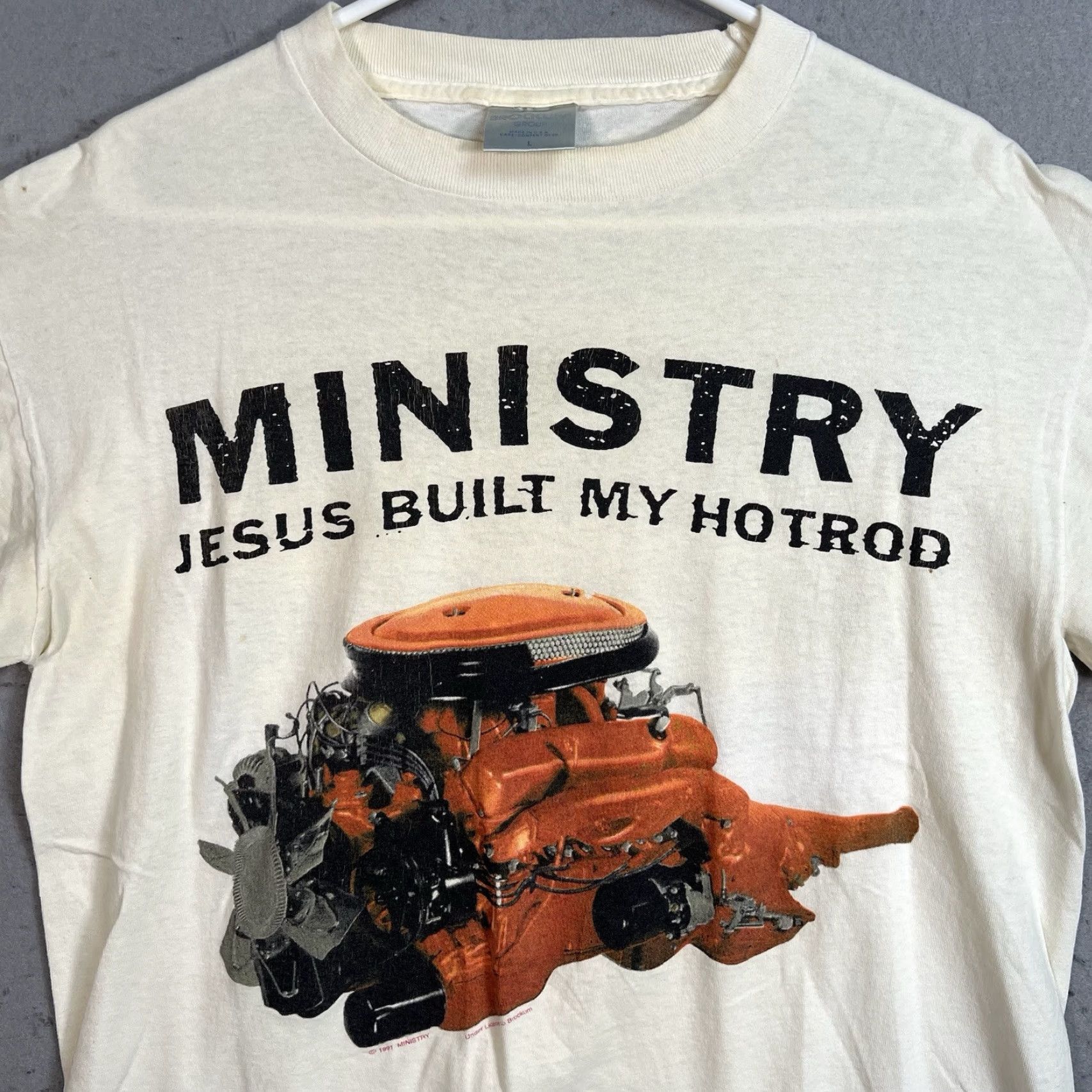 Vintage VINTAGE Ministry Band Jesus Built My Hotrod Shirt Adult Large White Mens Size US L / EU 52-54 / 3 - 3 Thumbnail