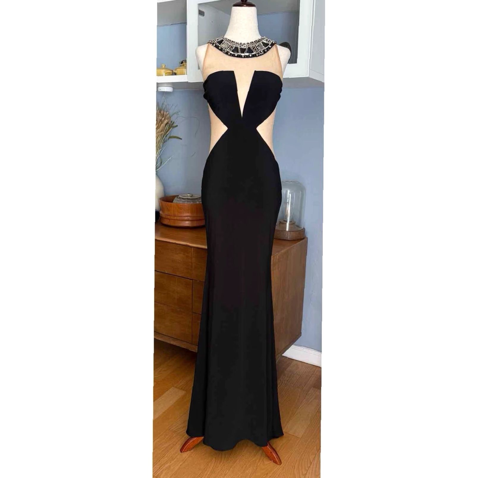 Vintage Sherri Hill Maxi Dress Black Beaded Neck Collar Gown 0 Sud Prom Women's Vintage Style Size XS / US 0-2 / IT 36-38 - 2 Thumbnail