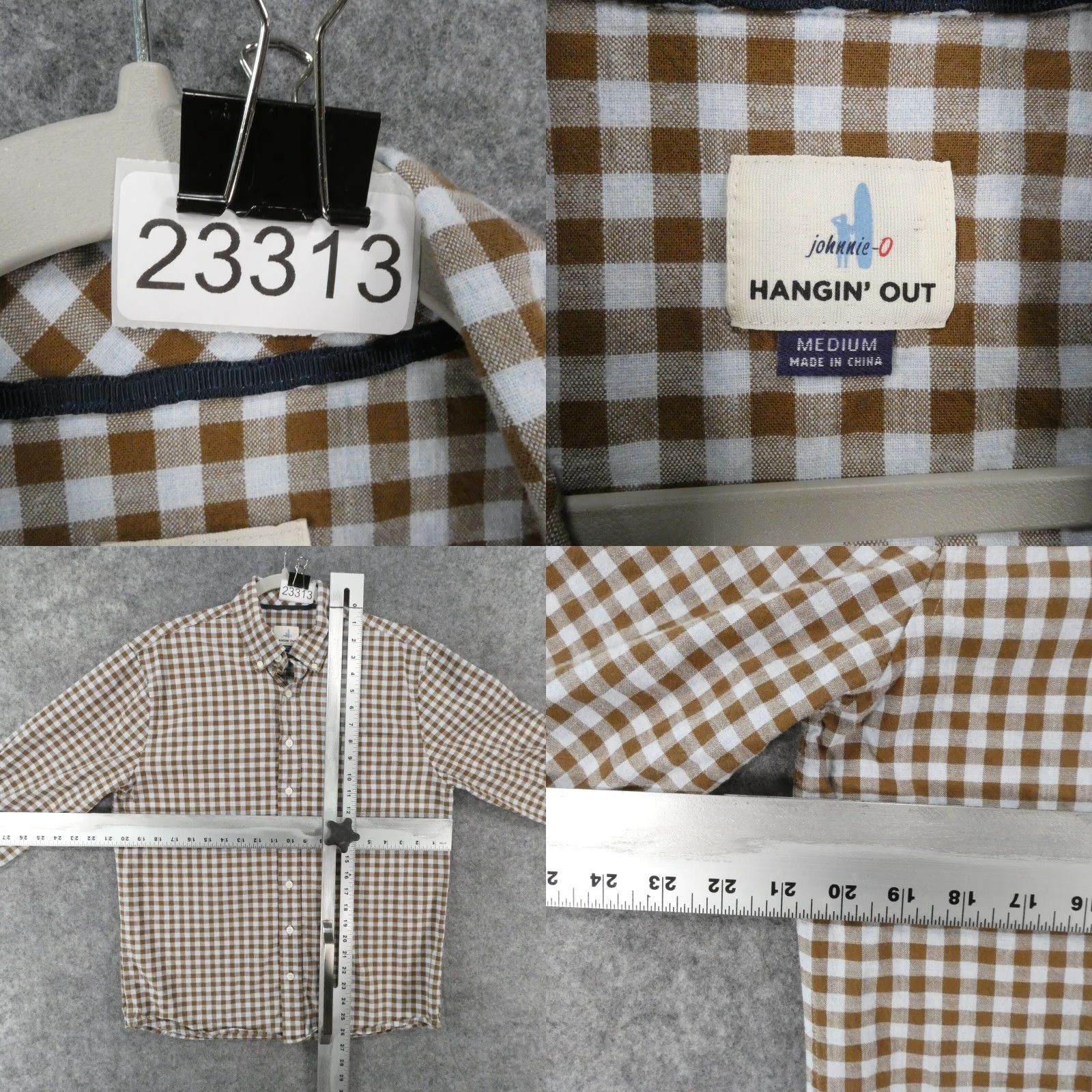 Johnnie-O Shirt Mens M Long Sleeve Button-Up Brown Blue Check Preppy